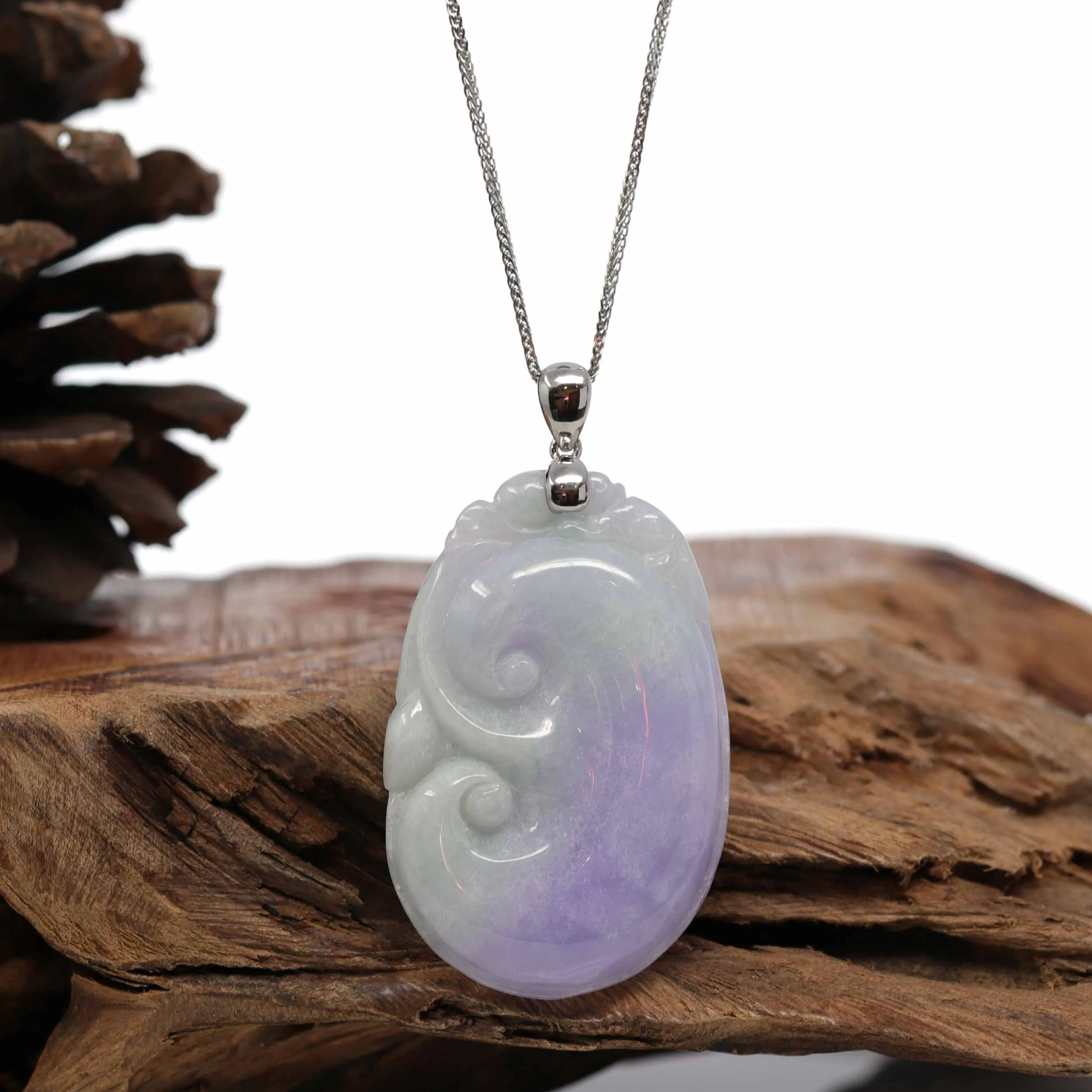 Genuine Lavender Jadeite Jade RuYi Pendant Necklace With 14K White Gold Bail