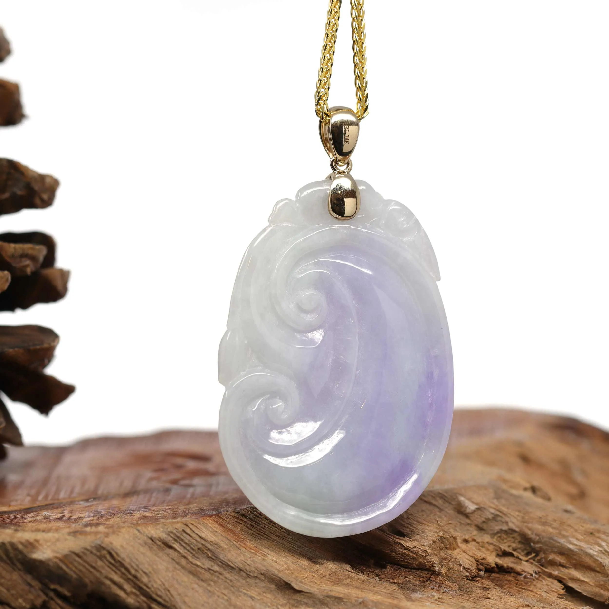 Genuine Lavender Jadeite Jade RuYi Pendant Necklace With 14K Yellow Gold Bail