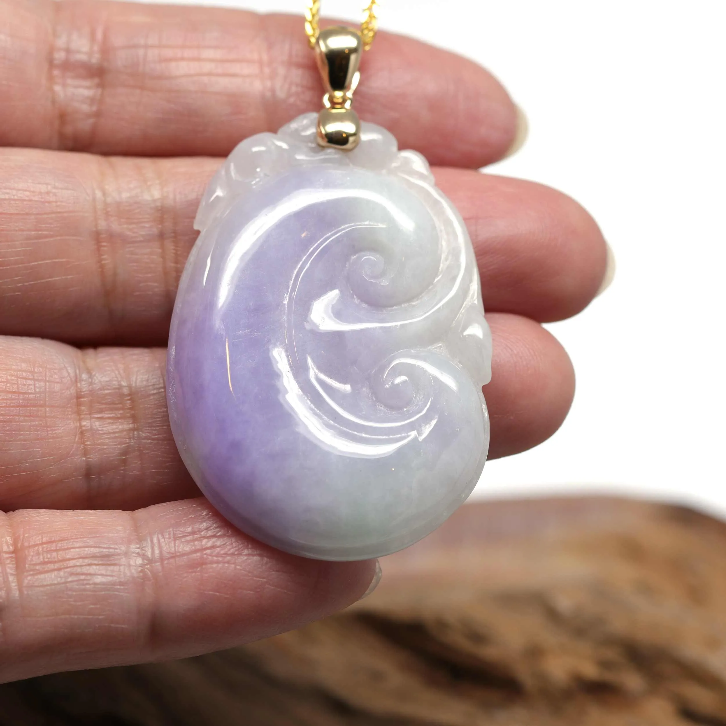 Genuine Lavender Jadeite Jade RuYi Pendant Necklace With 14K Yellow Gold Bail