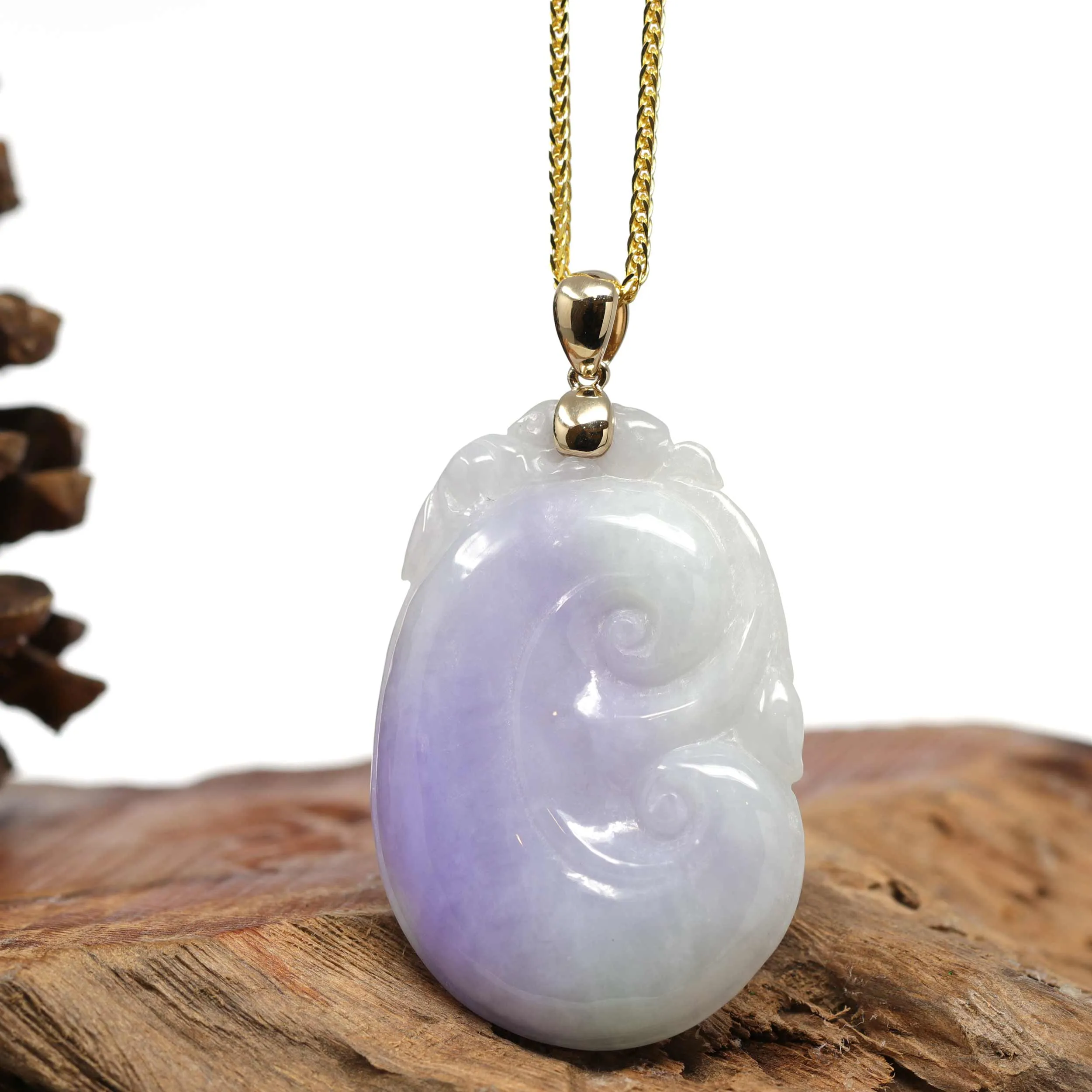 Genuine Lavender Jadeite Jade RuYi Pendant Necklace With 14K Yellow Gold Bail