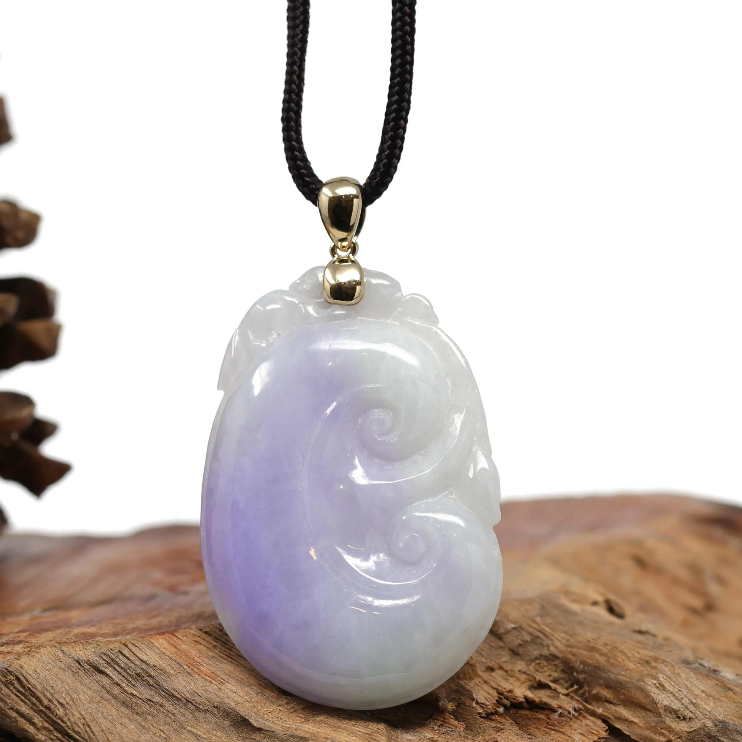 Genuine Lavender Jadeite Jade RuYi Pendant Necklace With 14K Yellow Gold Bail