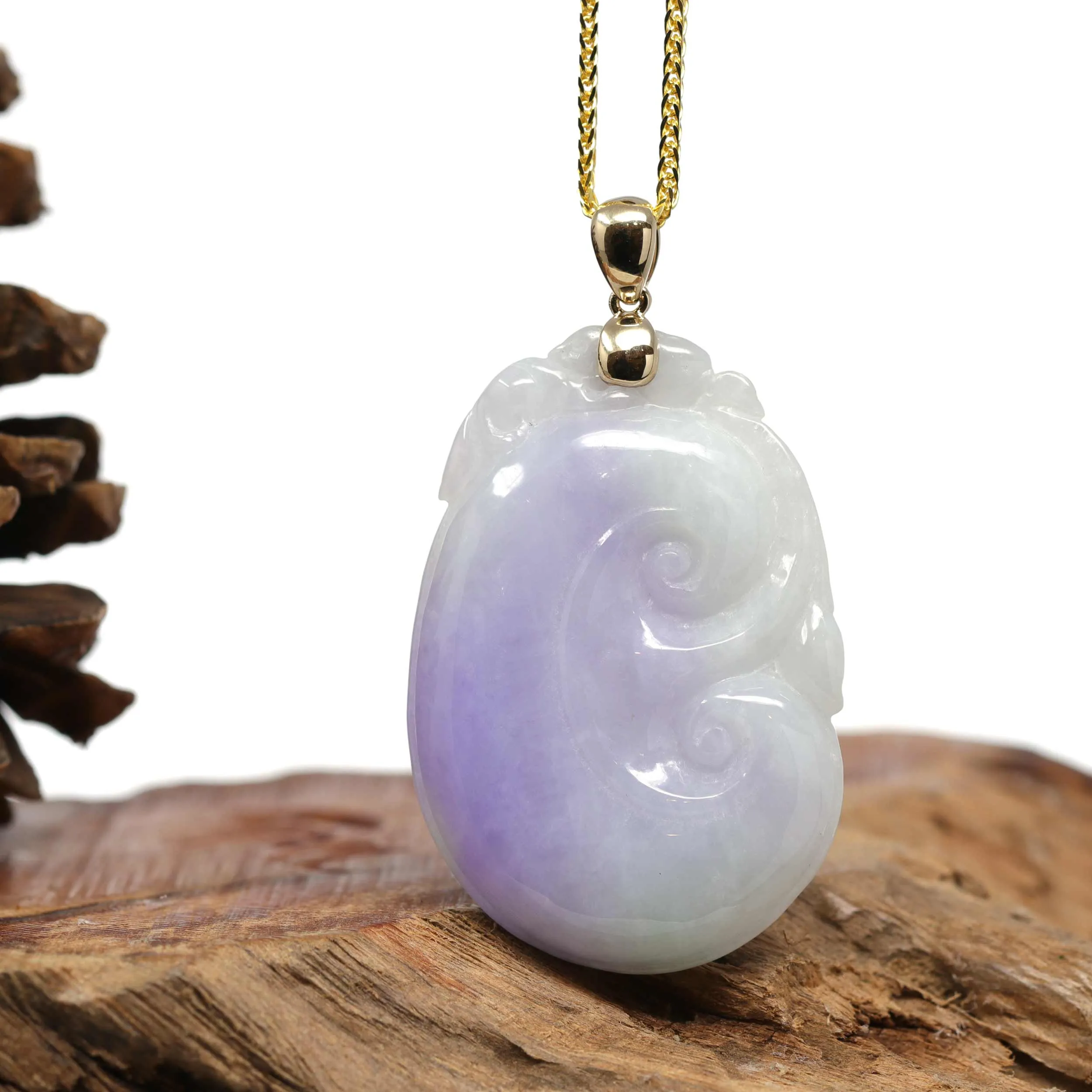 Genuine Lavender Jadeite Jade RuYi Pendant Necklace With 14K Yellow Gold Bail