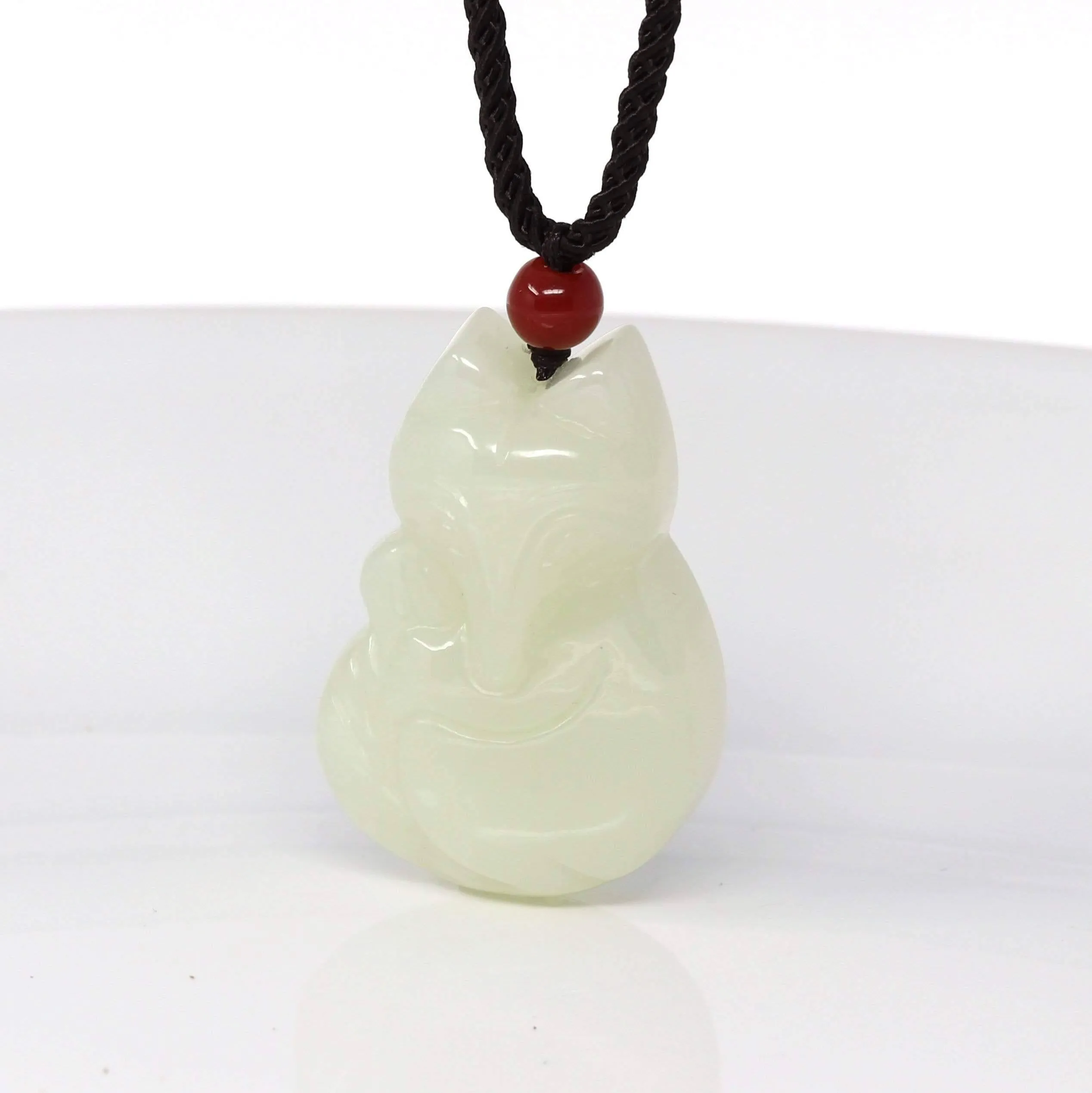 Genuine Nephrite White Jade Cute Fox Pendant Necklace