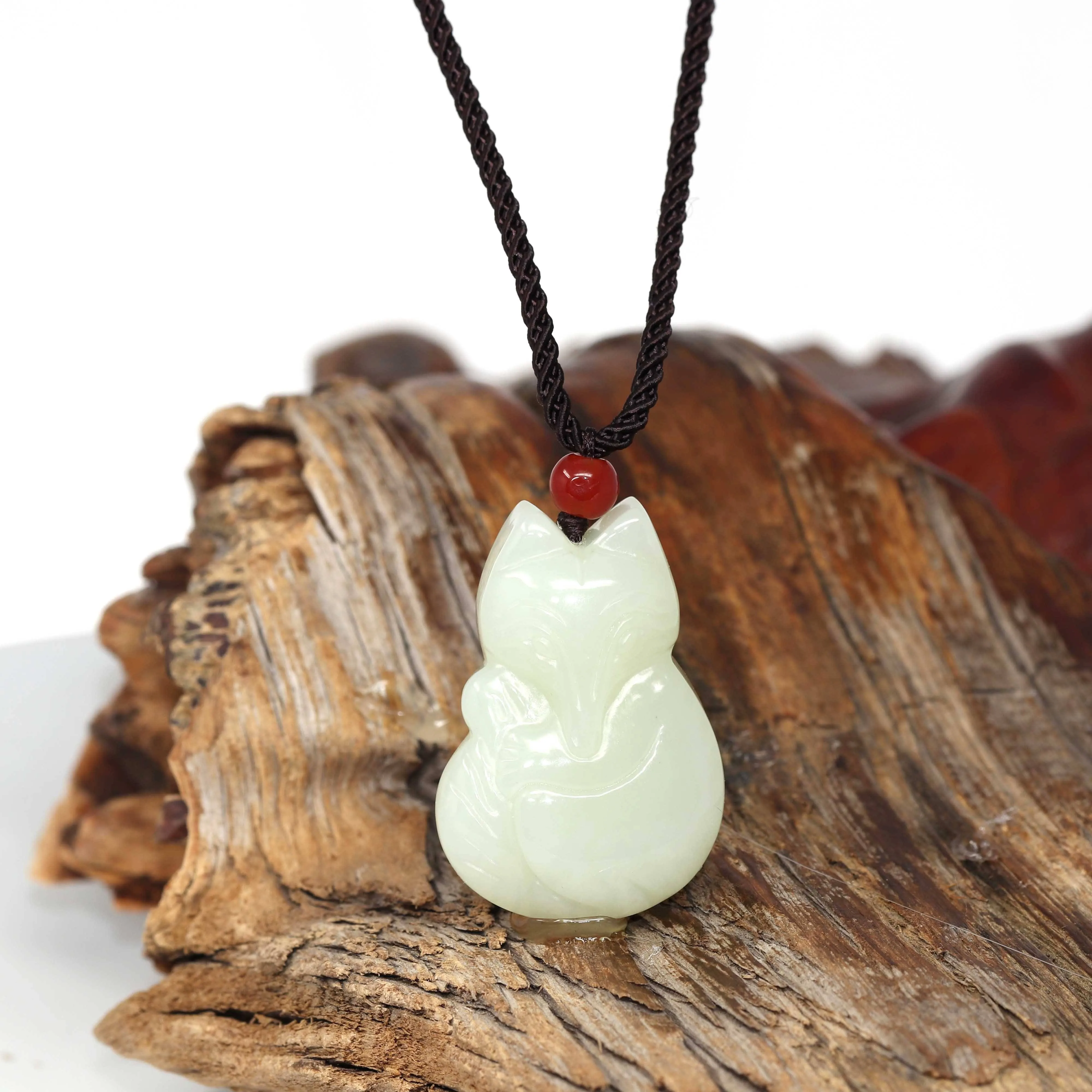 Genuine Nephrite White Jade Cute Fox Pendant Necklace