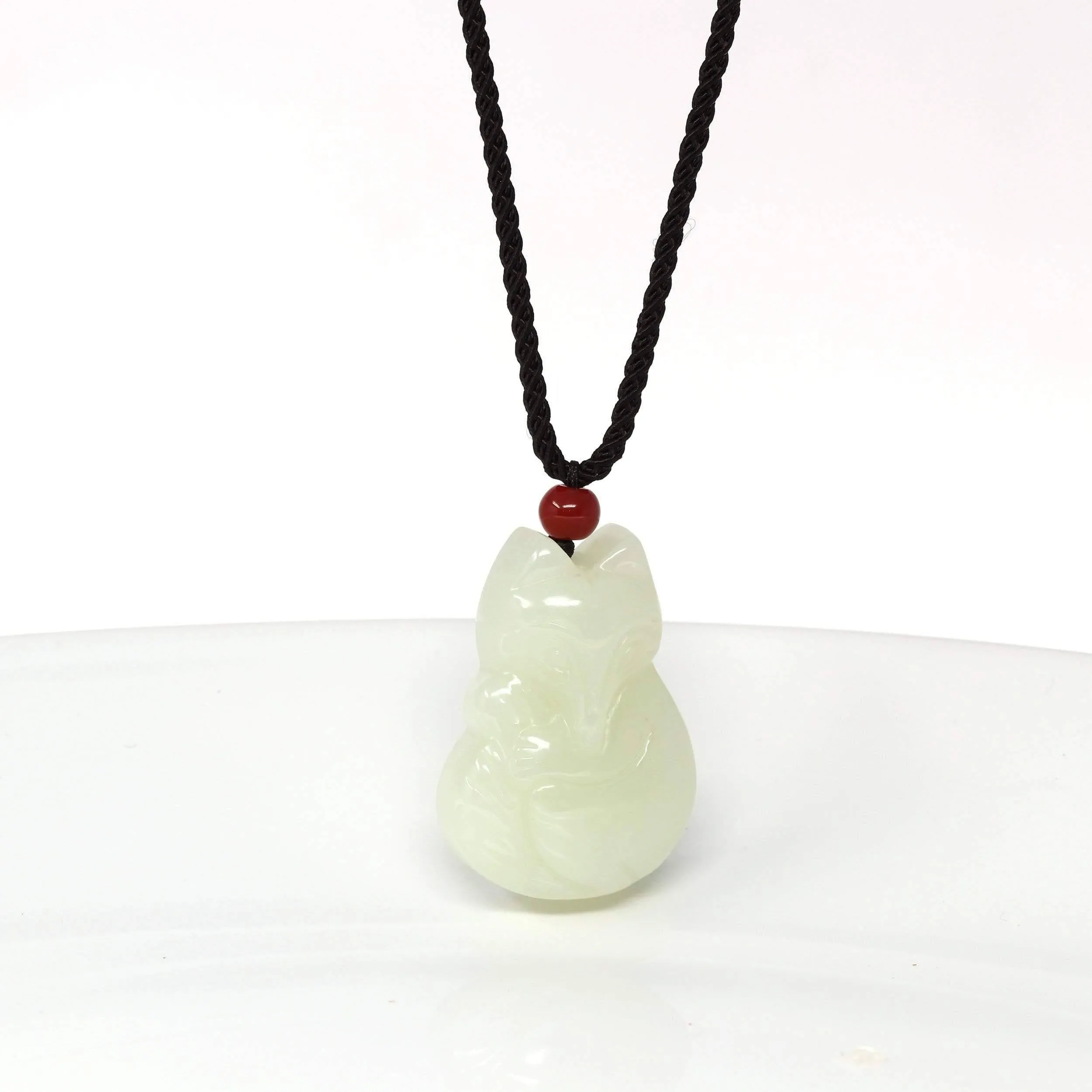 Genuine Nephrite White Jade Cute Fox Pendant Necklace