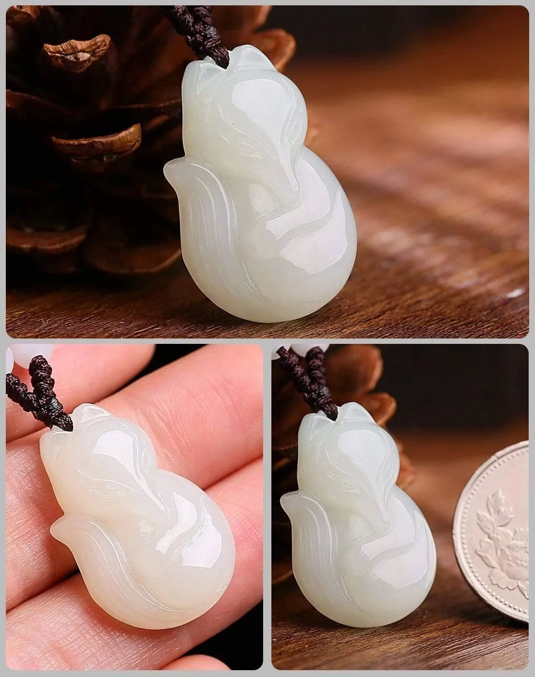 Genuine Nephrite White Jade Cute Fox Pendant Necklace