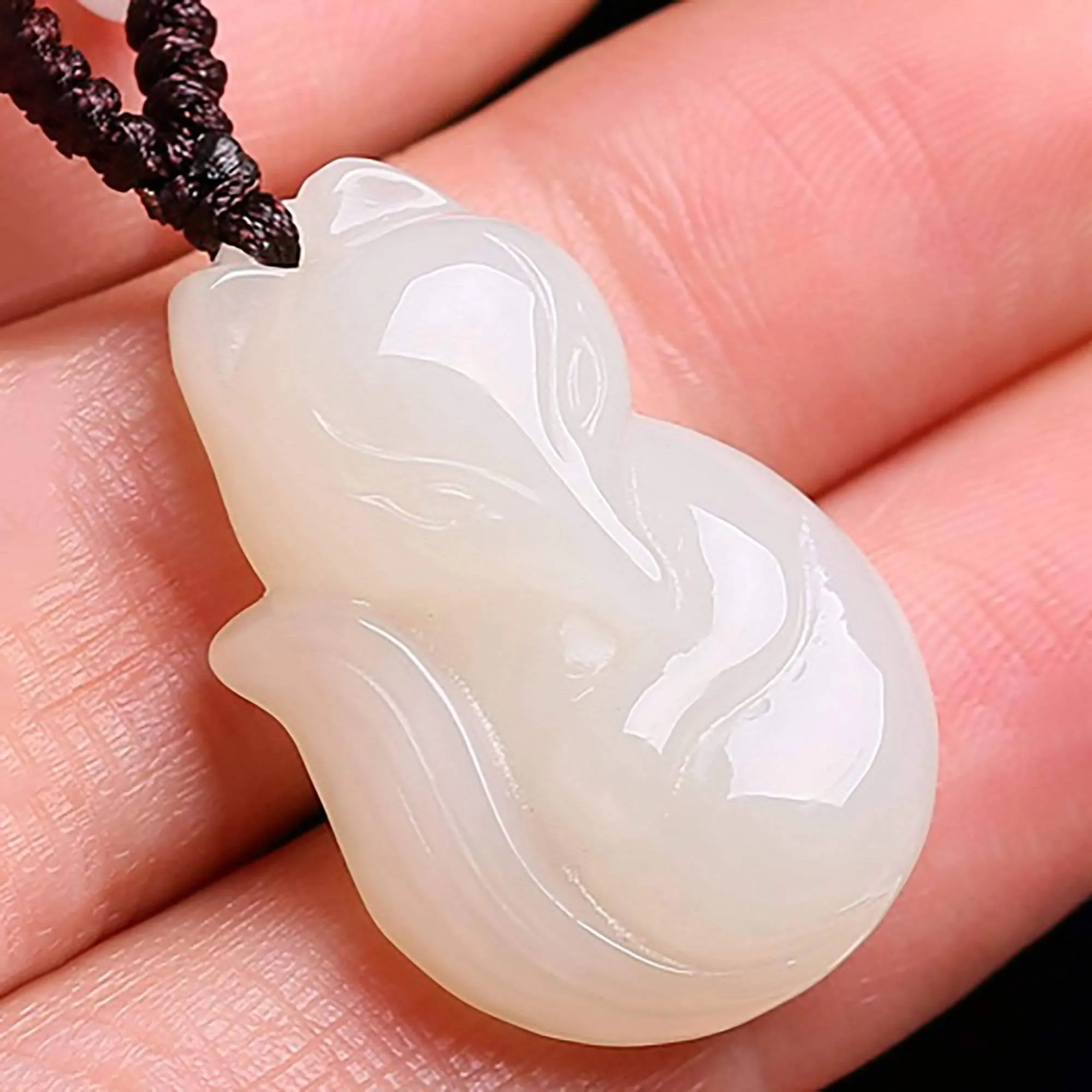 Genuine Nephrite White Jade Cute Fox Pendant Necklace