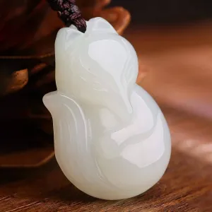 Genuine Nephrite White Jade Cute Fox Pendant Necklace