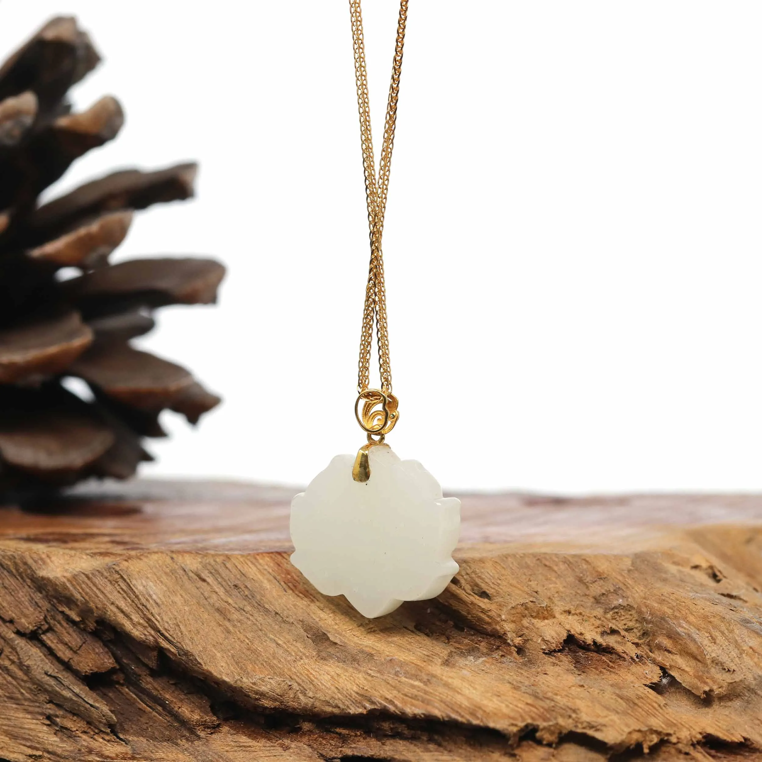 Genuine White Nephrite Jade Lotus Pendant Necklace With 18k Gold Bail