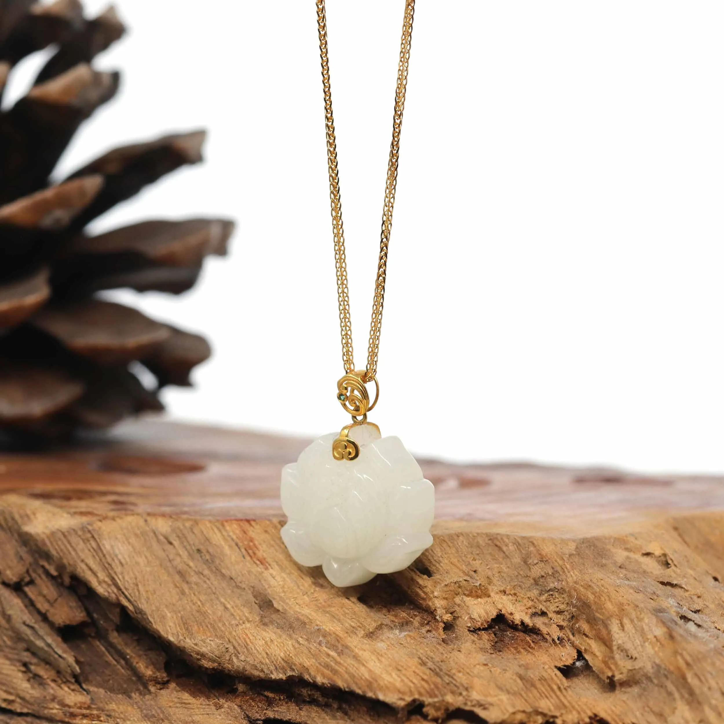 Genuine White Nephrite Jade Lotus Pendant Necklace With 18k Gold Bail