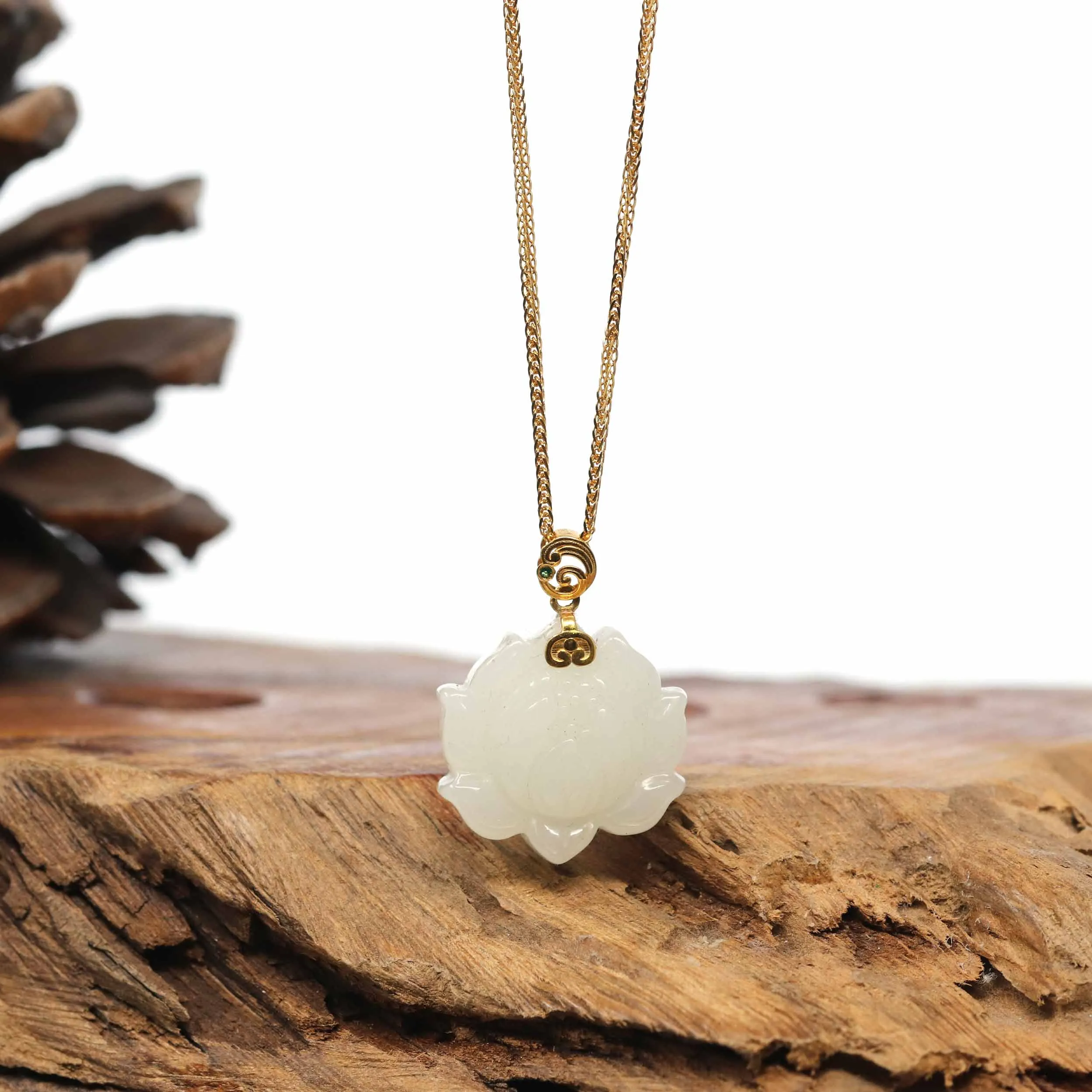 Genuine White Nephrite Jade Lotus Pendant Necklace With 18k Gold Bail