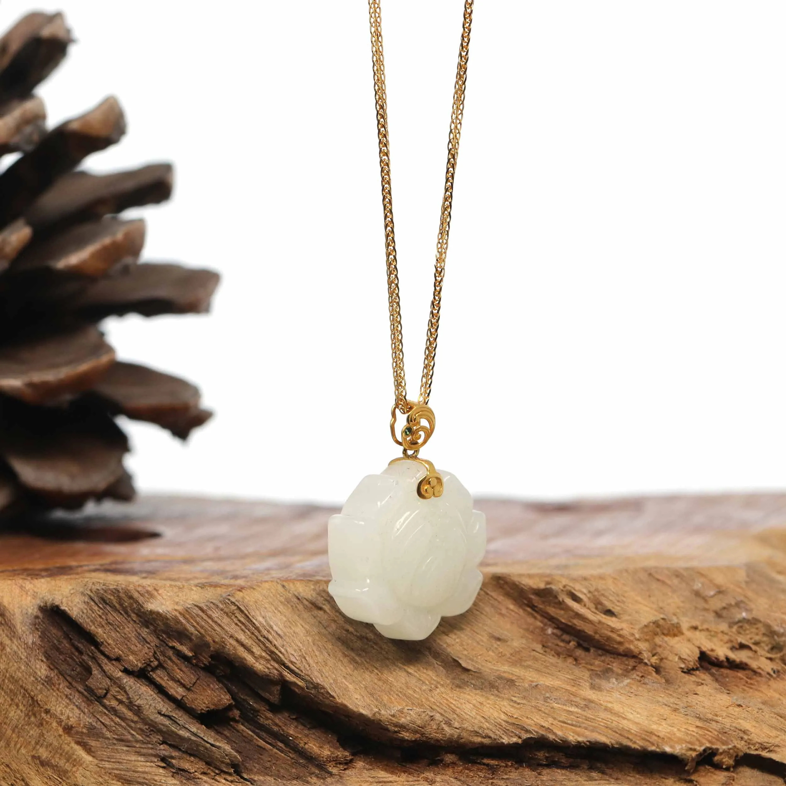 Genuine White Nephrite Jade Lotus Pendant Necklace With 18k Gold Bail