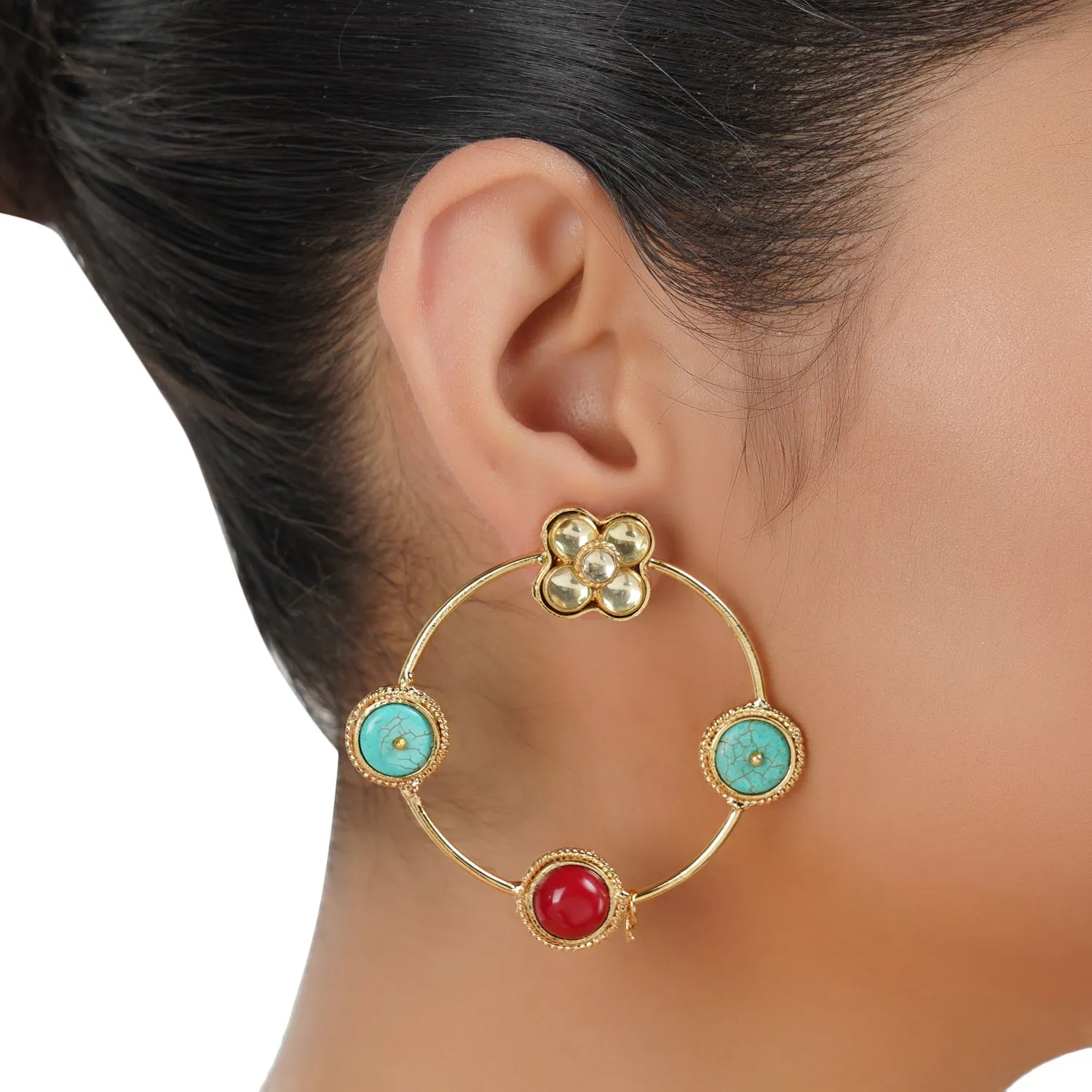 Gold Plated Balan Kundan Floret Coral Turquoise Hoops