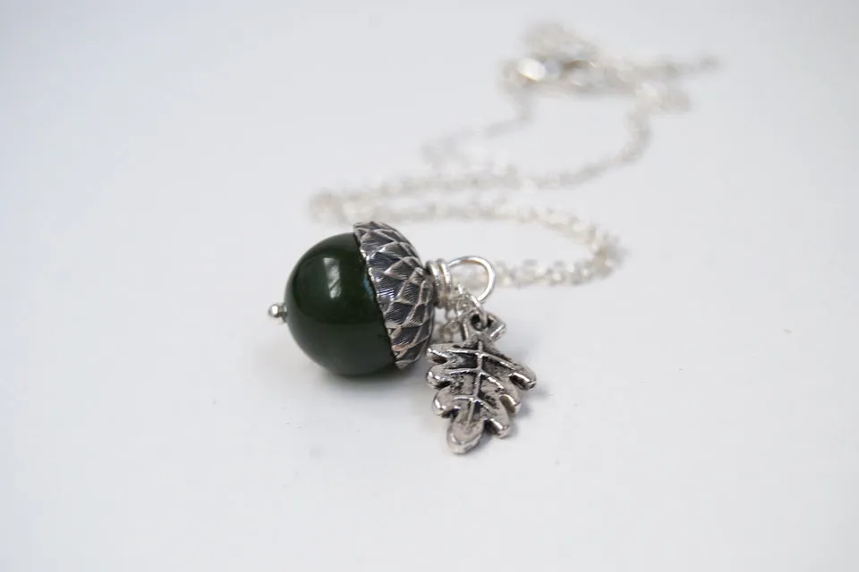 Green Jade and Silver Acorn Necklace | Cute Nature Acorn Charm Necklace | Forest Acorn Necklace | Woodland Gemstone Acorn | Nature Jewelry