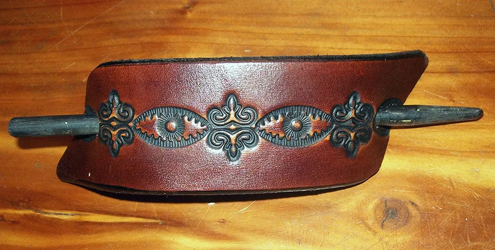 Hand Tooled "Dark" Design Large Leather Barrette