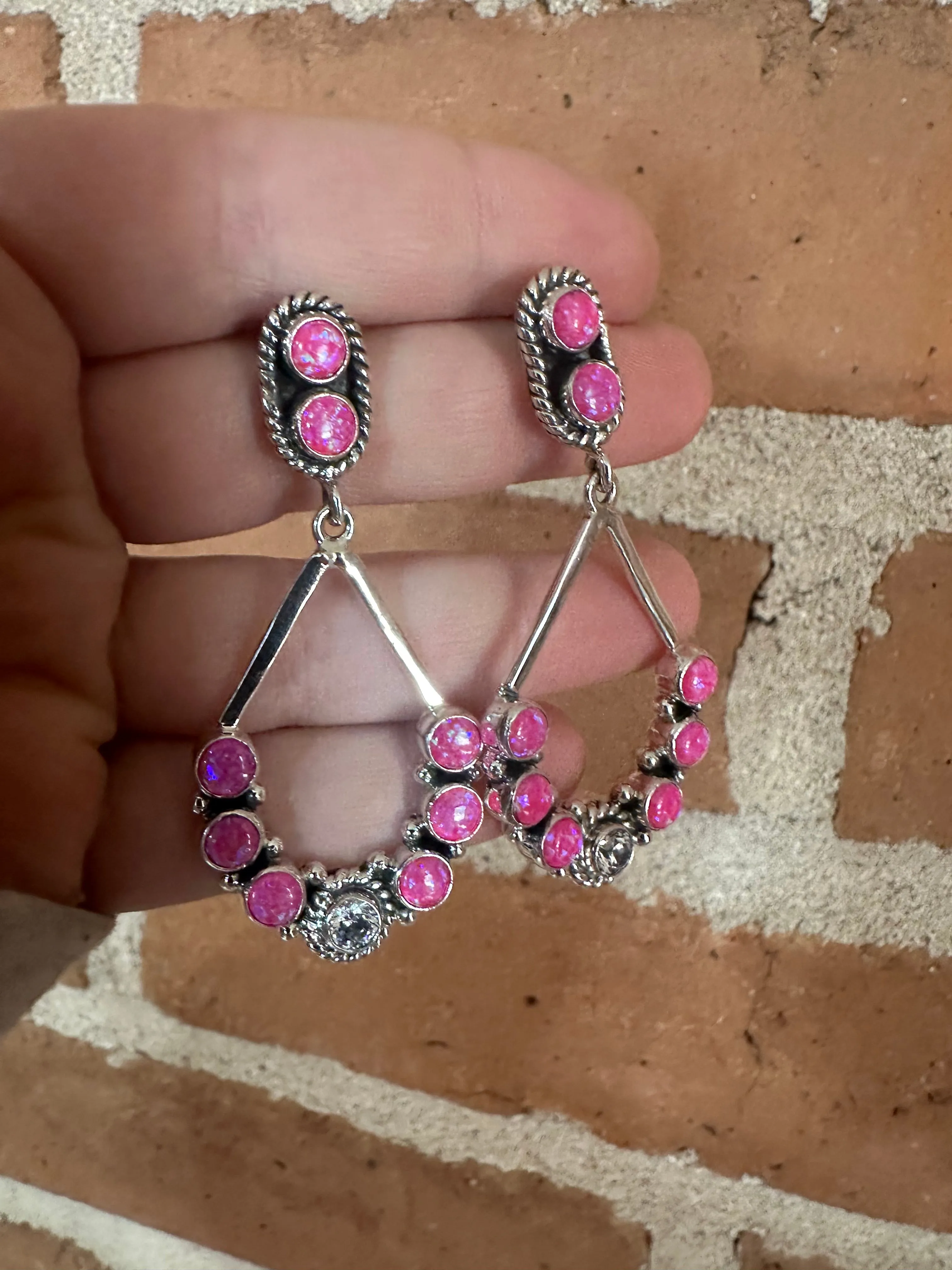 Handmade Hot Pink Fire Opal, CZ and Sterling Silver Handmade Dangles