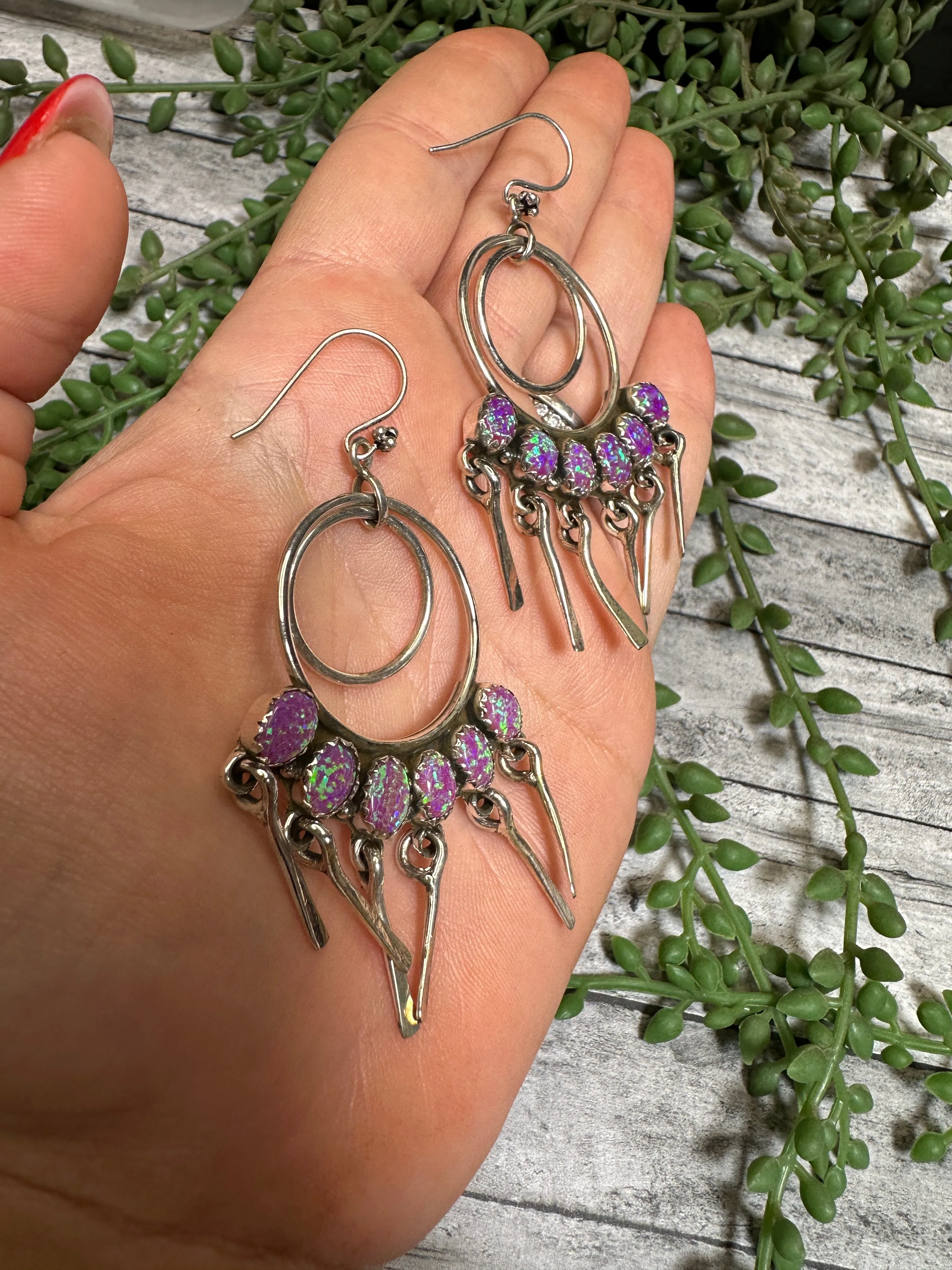 Handmade Purple Fire Opal and Sterling Silver Double Hoop Dangles