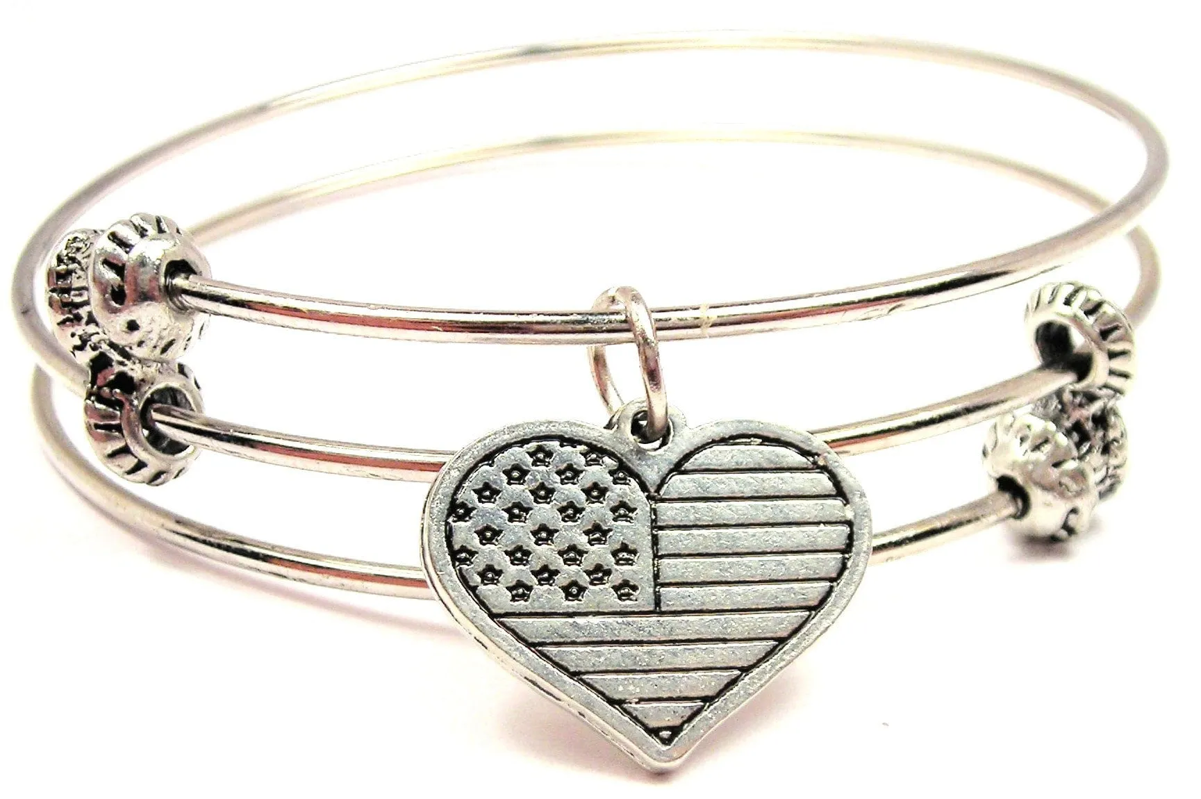 Heart Shaped American Flag Triple Style Expandable Bangle Bracelet