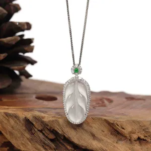 High-end Genuine Ice Jadeite Jade Jin Zhi Yu Ye (Leaf) Necklace With 18k Gold & Diamond