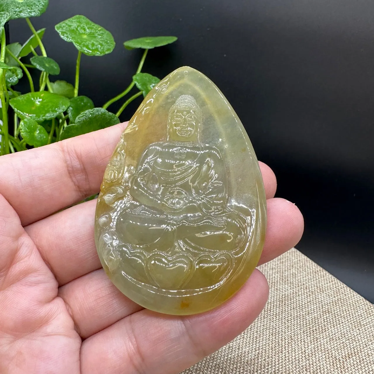 High end  "Goddess of Compassion" Genuine Honey Yellow Burmese Jadeite Jade Guanyin Necklace