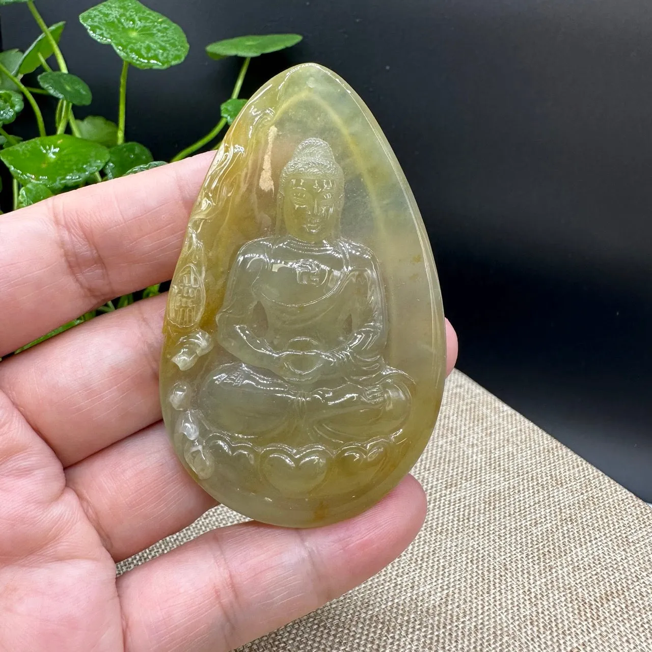 High end  "Goddess of Compassion" Genuine Honey Yellow Burmese Jadeite Jade Guanyin Necklace