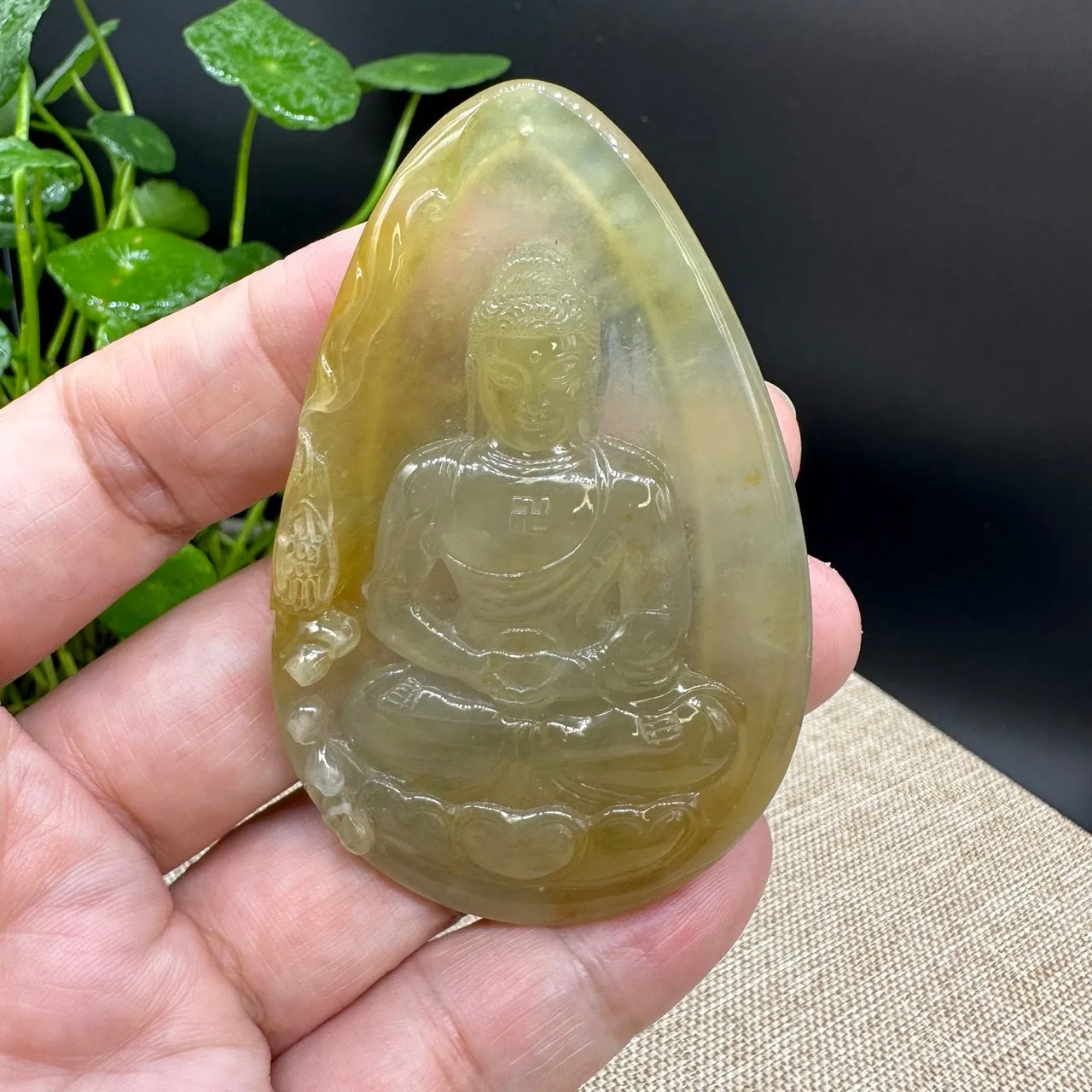 High end  "Goddess of Compassion" Genuine Honey Yellow Burmese Jadeite Jade Guanyin Necklace