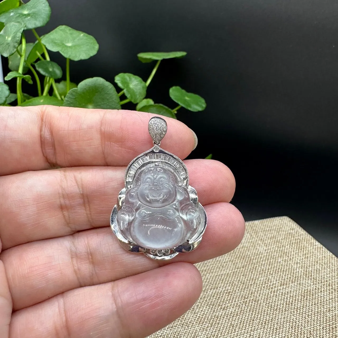 High end RealJade® "Laughing Buddha" 18k White Gold Genuine Ice Jadeite Jade Pendant