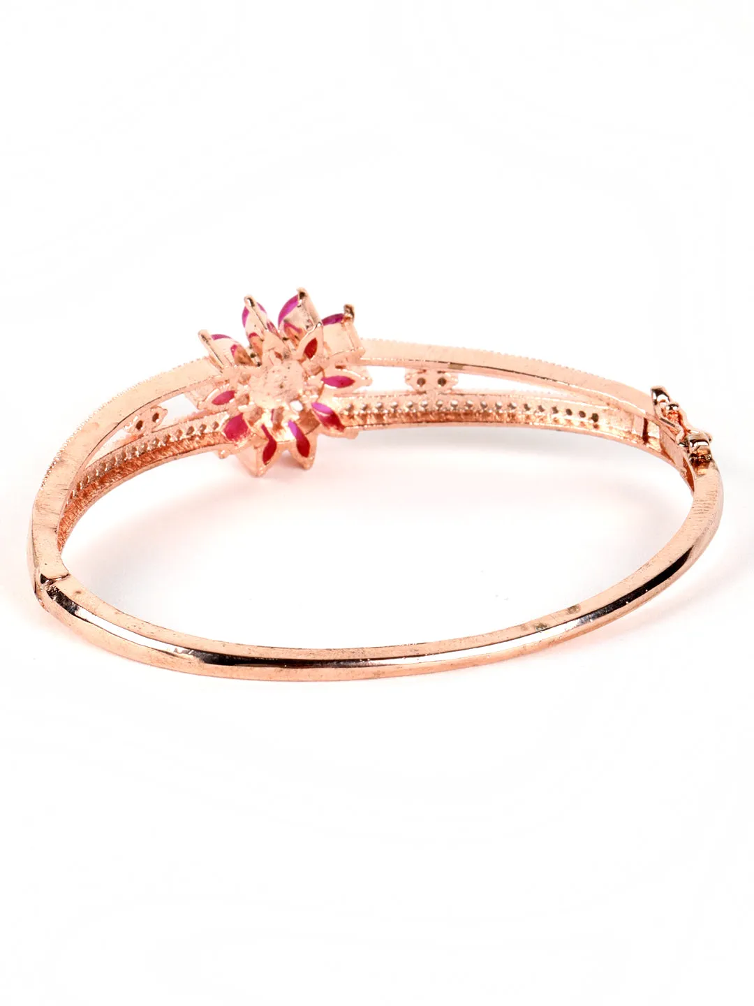 Jazz And Sizzle Rose Gold Plated American Diamond Ruby Studded Floral Patterned Bracelet