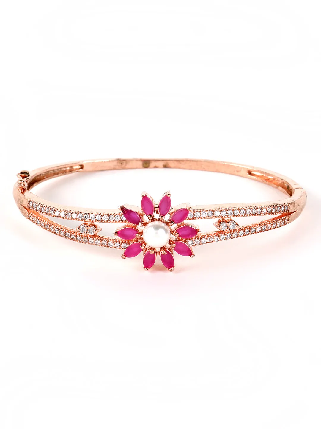 Jazz And Sizzle Rose Gold Plated American Diamond Ruby Studded Floral Patterned Bracelet