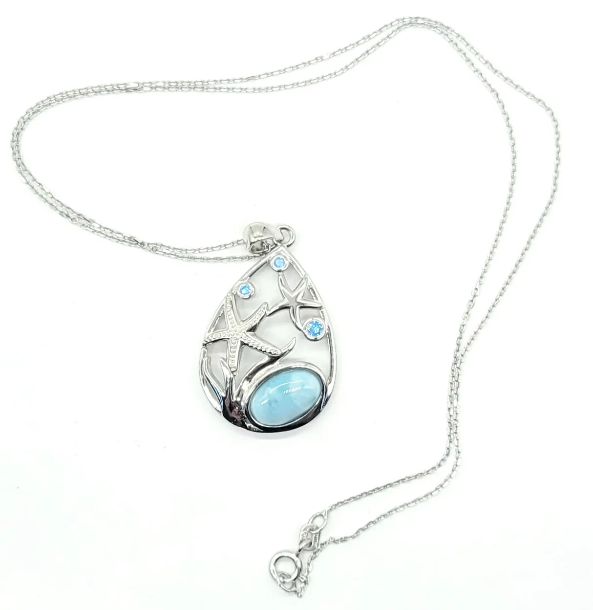 Larimar and Blue Cubic Zarconia Starfish pear Pendant Necklace