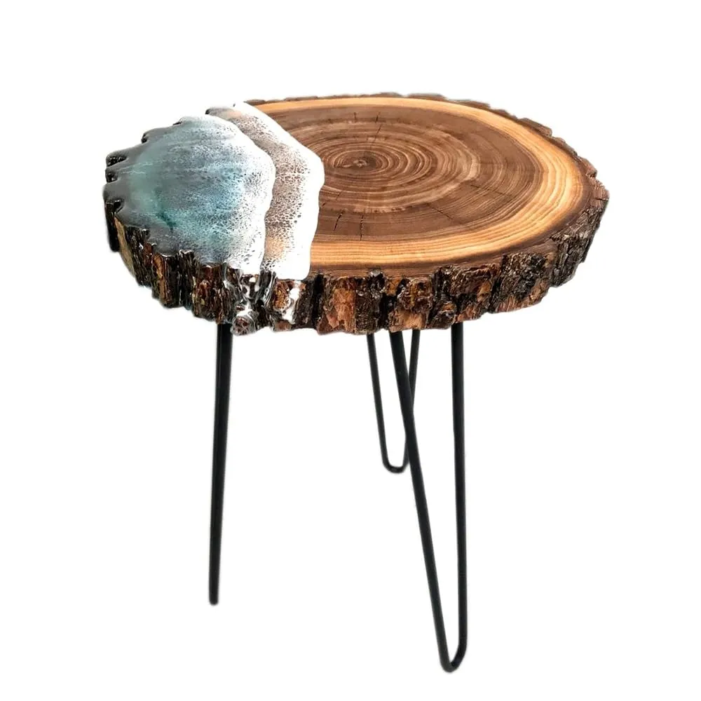 LATEST HANDICRAFTS Wooden End Table for Living Room | Side Table for bedoom and Office Coffee Table | 14.5''-16" Dia x 18.5" Height | Tree Slice Glossy Ocean Look | Foldable Metal Legs