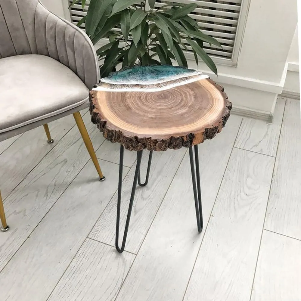 LATEST HANDICRAFTS Wooden End Table for Living Room | Side Table for bedoom and Office Coffee Table | 14.5''-16" Dia x 18.5" Height | Tree Slice Glossy Ocean Look | Foldable Metal Legs