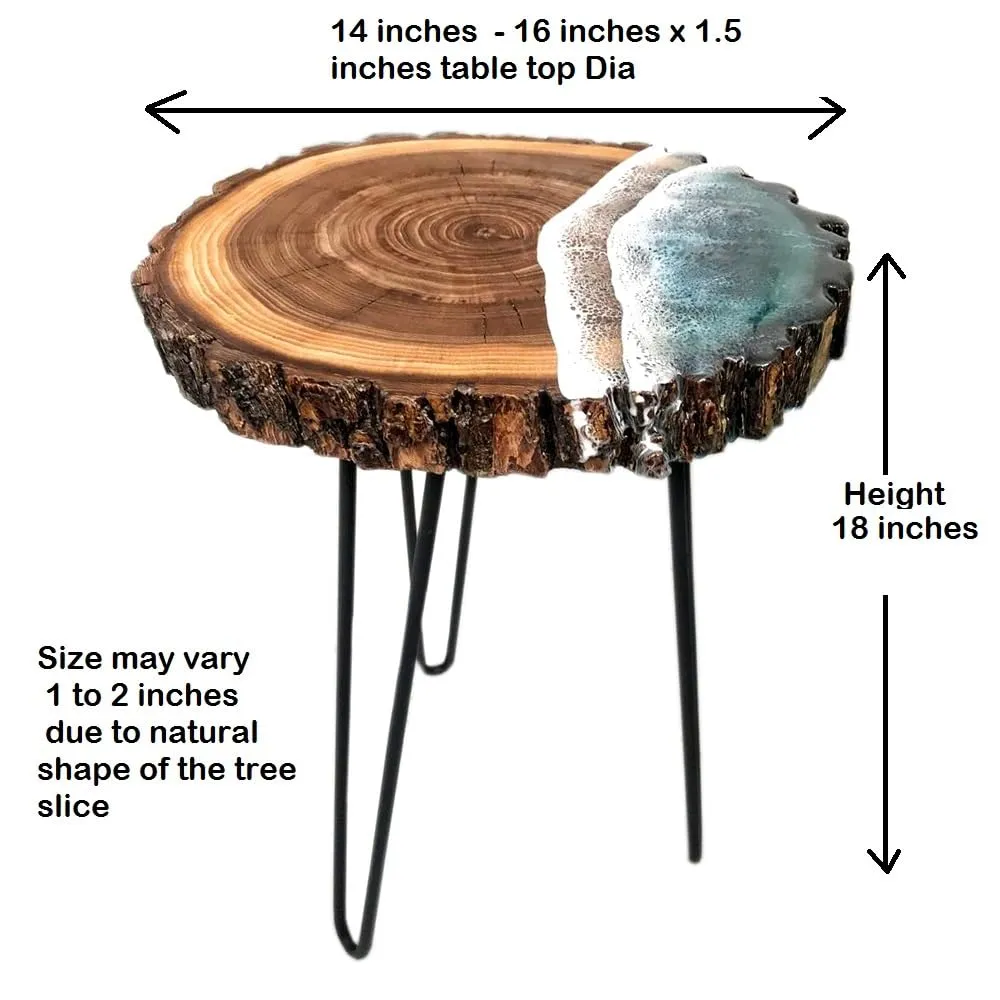 LATEST HANDICRAFTS Wooden End Table for Living Room | Side Table for bedoom and Office Coffee Table | 14.5''-16" Dia x 18.5" Height | Tree Slice Glossy Ocean Look | Foldable Metal Legs