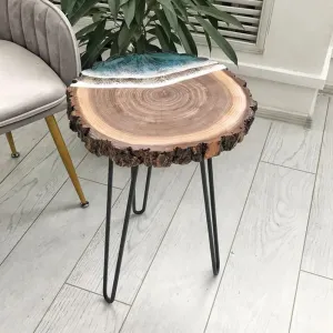 LATEST HANDICRAFTS Wooden End Table for Living Room | Side Table for bedoom and Office Coffee Table | 14.5''-16" Dia x 18.5" Height | Tree Slice Glossy Ocean Look | Foldable Metal Legs