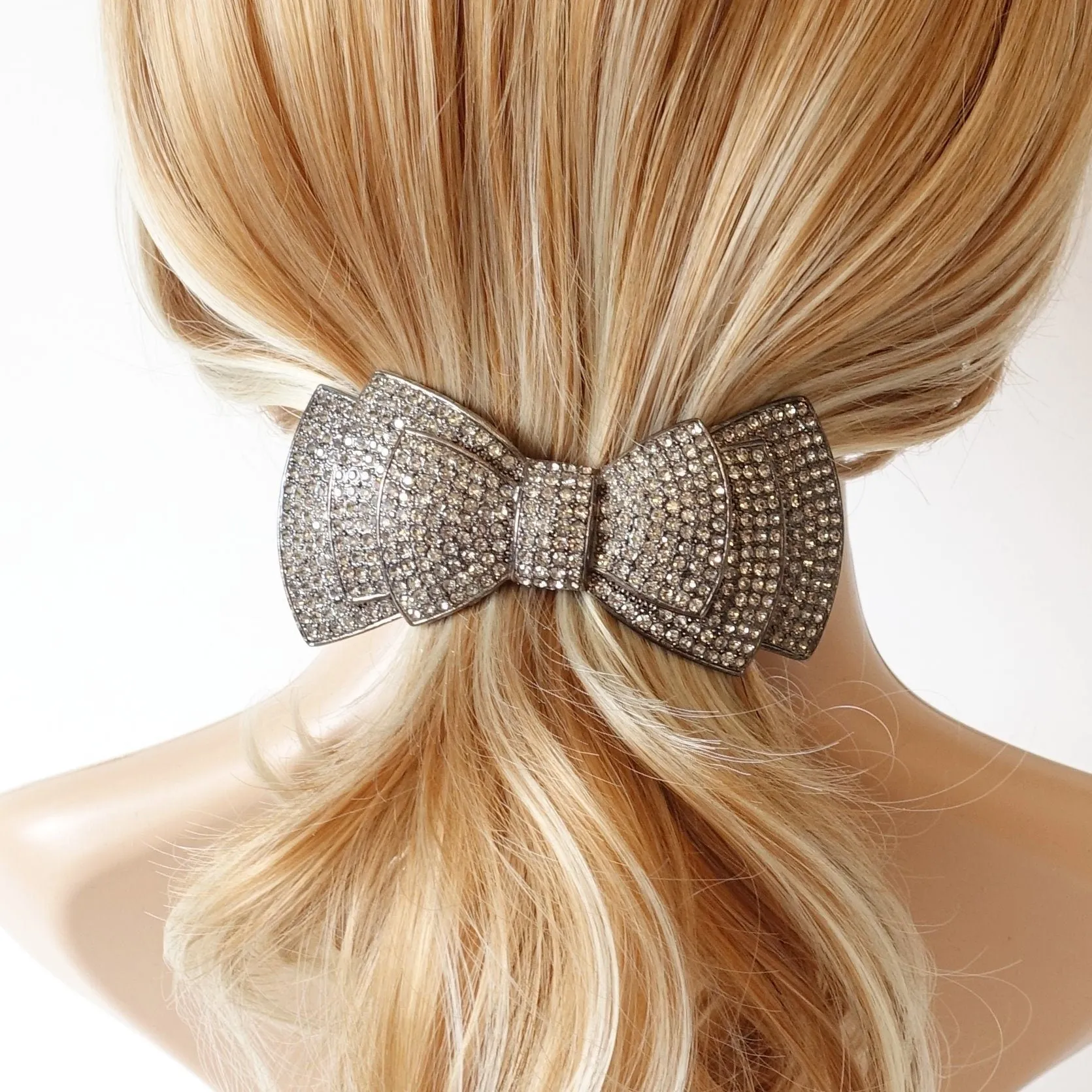 layered hair bow rhinestone decorated french hair barrette crystal jewel decorated women hair accessory