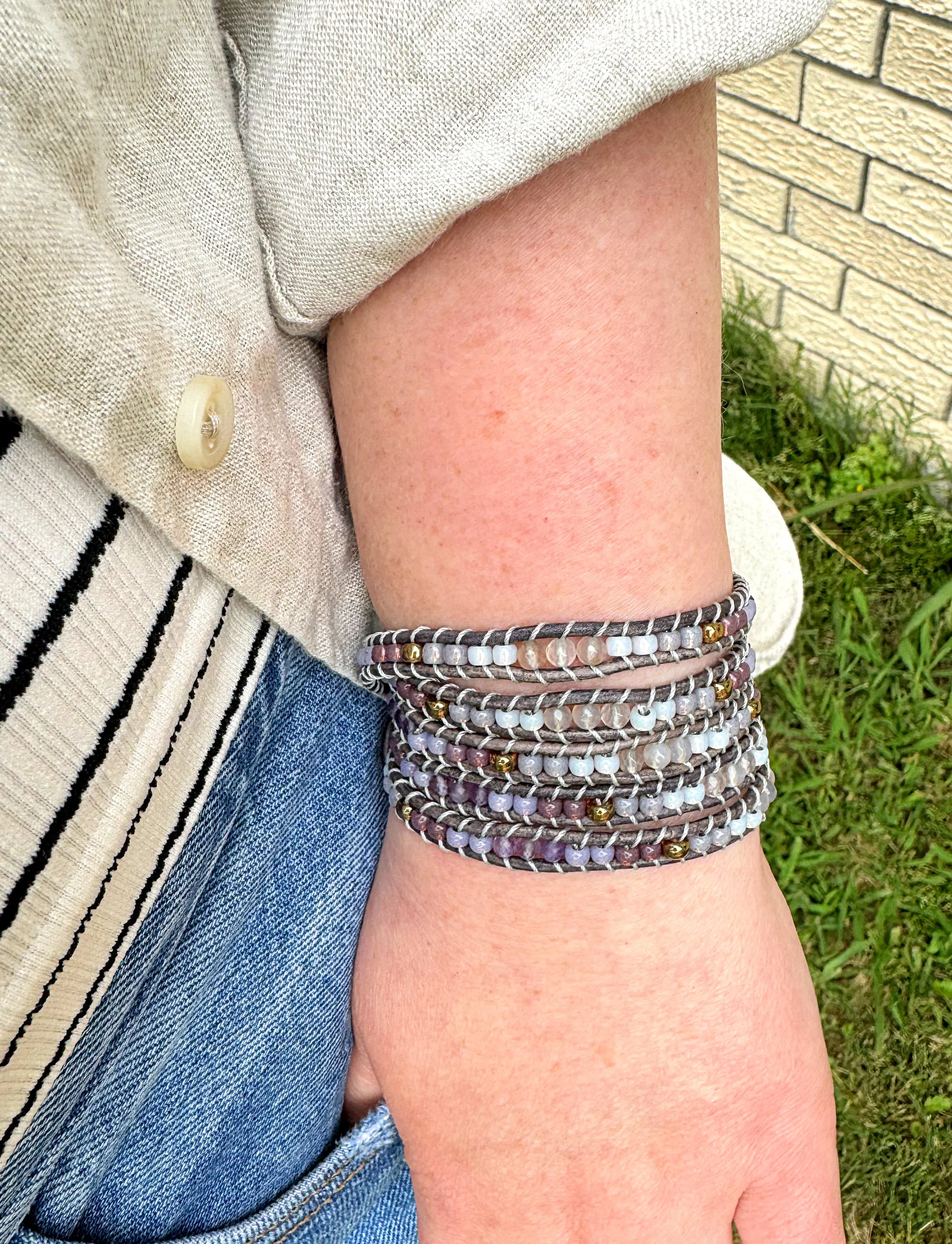 Leather Beaded 5x wrap bracelet with Amathyst and Gray Agate