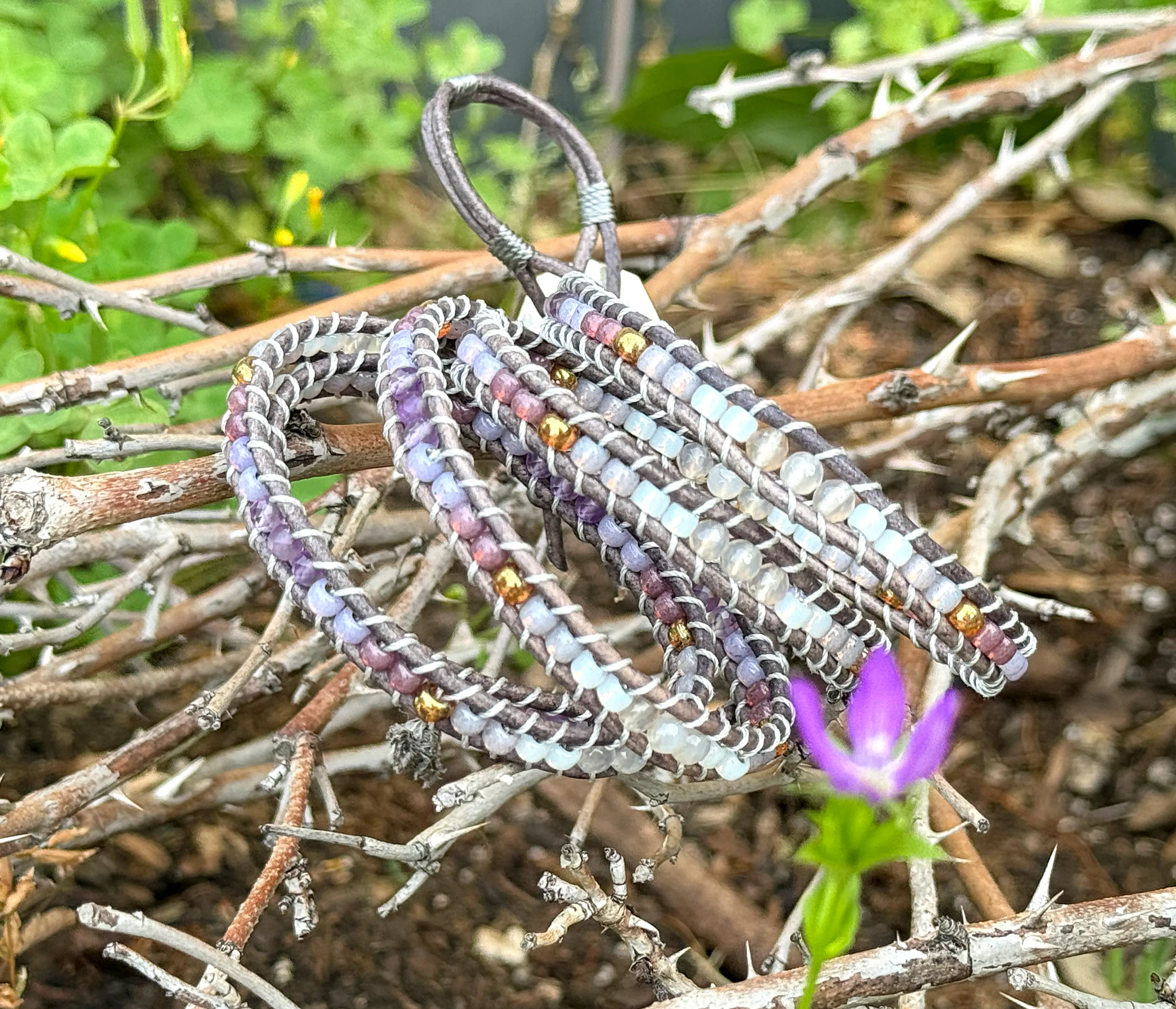 Leather Beaded 5x wrap bracelet with Amathyst and Gray Agate