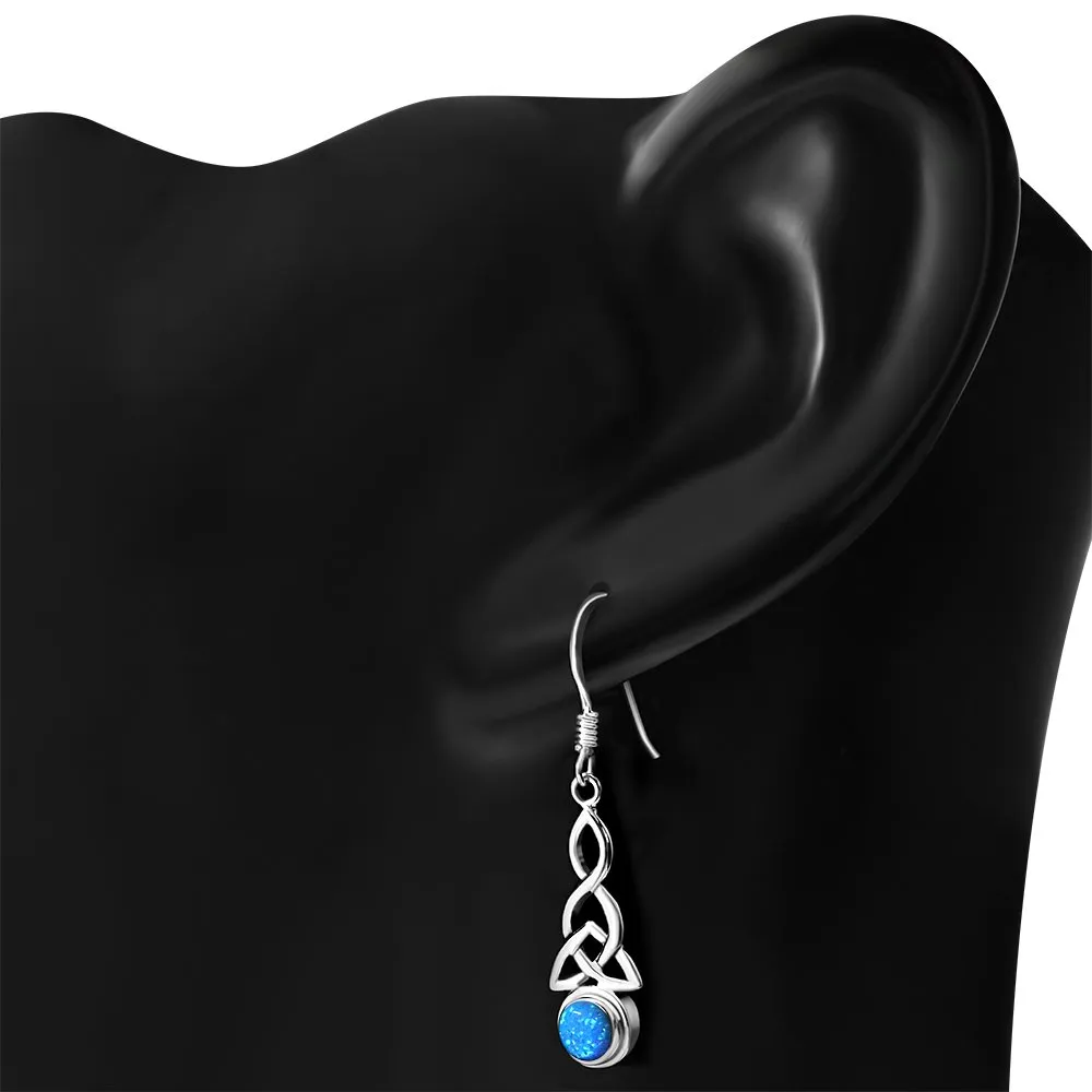 Long Synthetic Blue Opal Trinity Knot Silver Earrings