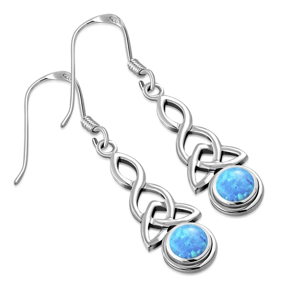 Long Synthetic Blue Opal Trinity Knot Silver Earrings