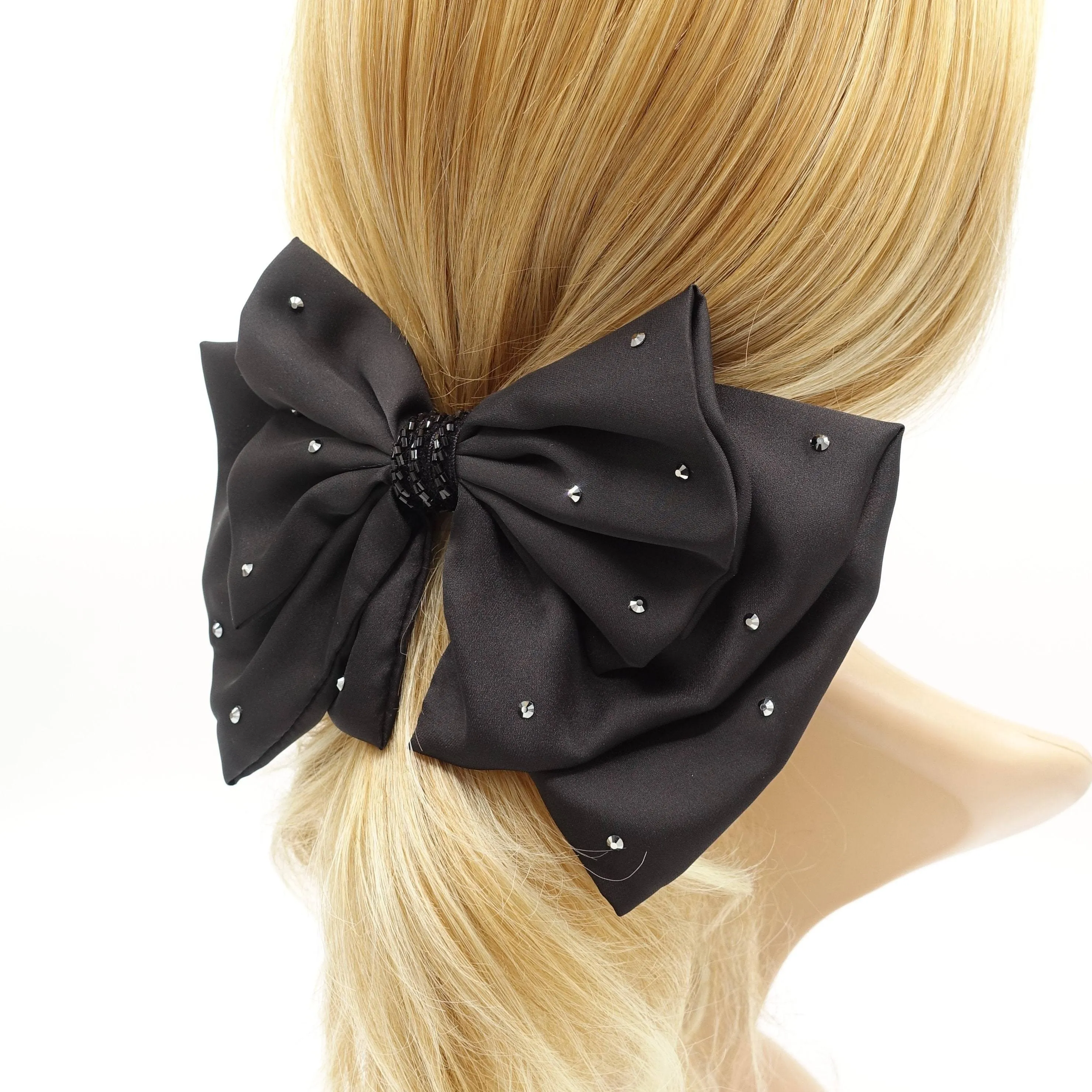 Luxury style hair bow black rhinestone embellished hair accessory for women