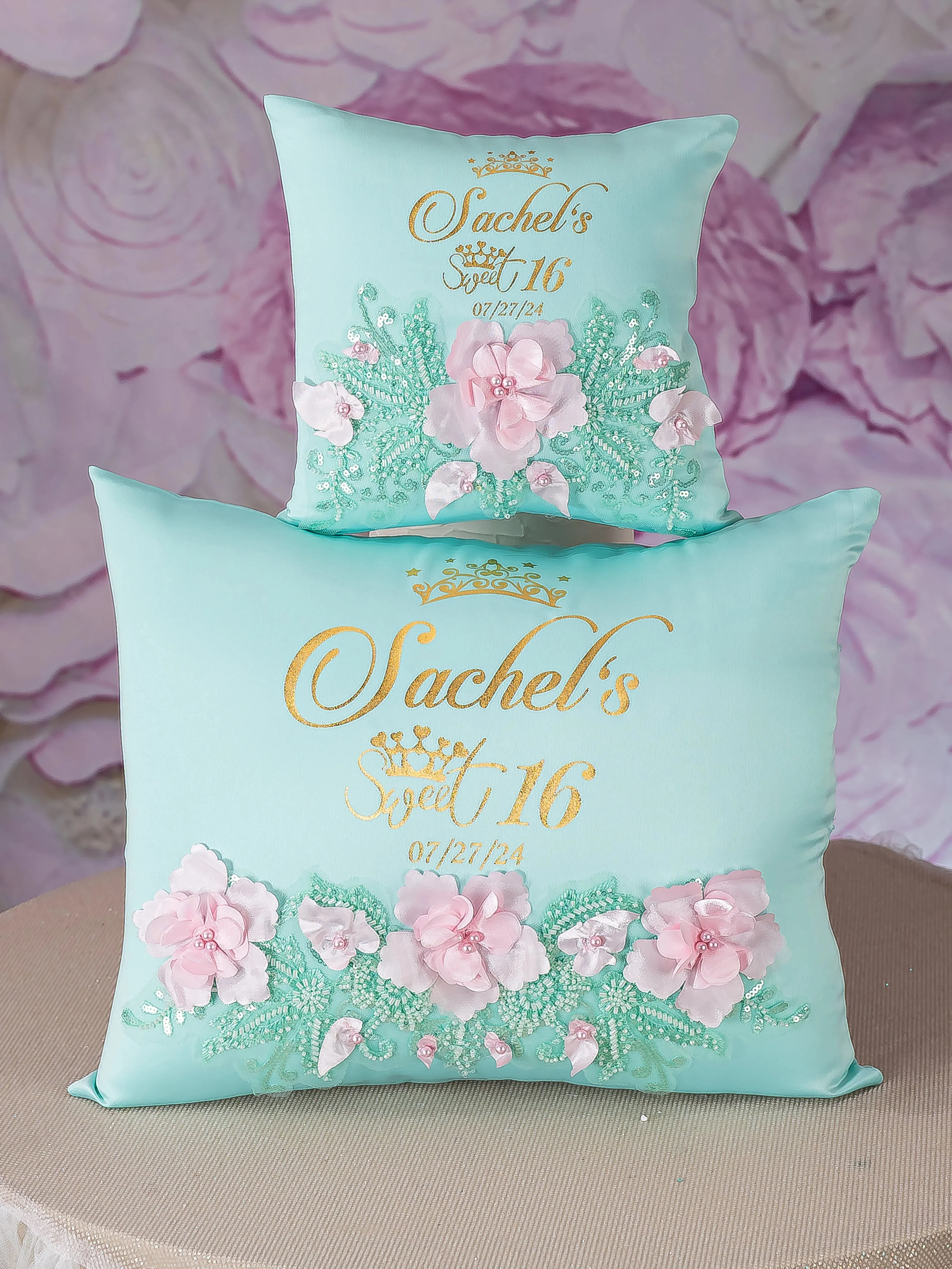 Mint Quinceanera pillows set and teddy bear