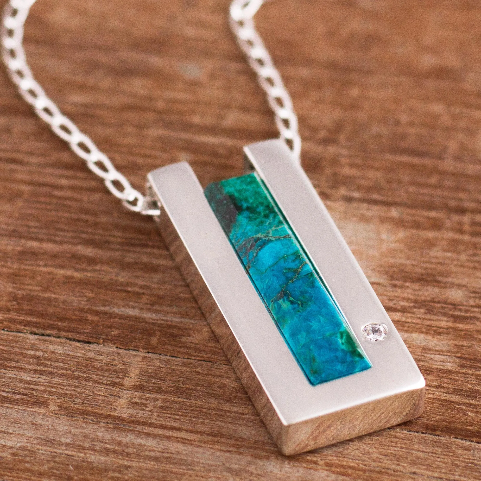 Modern Chrysocolla Pendant Necklace Crafted in Peru - Contemporary Minimalist | NOVICA