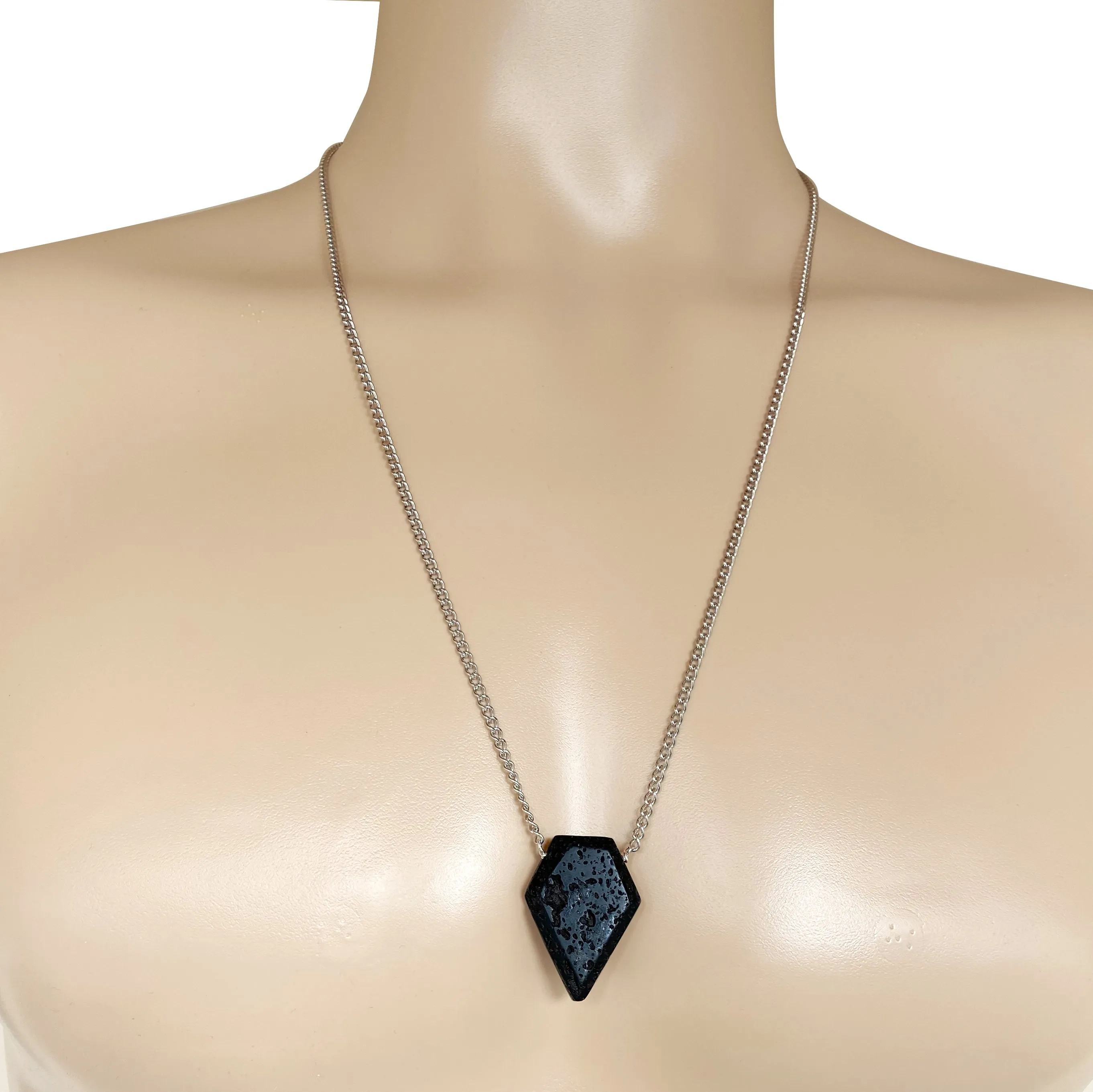 Modern Men's Genuine Black Lava Rock Arrowhead Pendant on Stainless Steel Chain Necklace, 27"