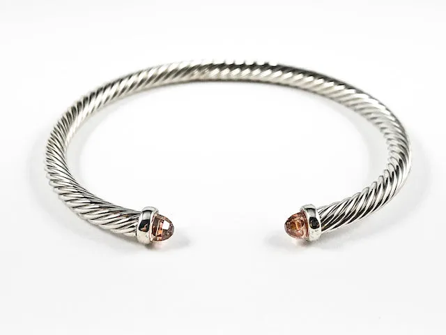 Modern Thin Cable Wire Texture With Dainty Champagne Crystal Duo Ends Brass Cuff Bangle