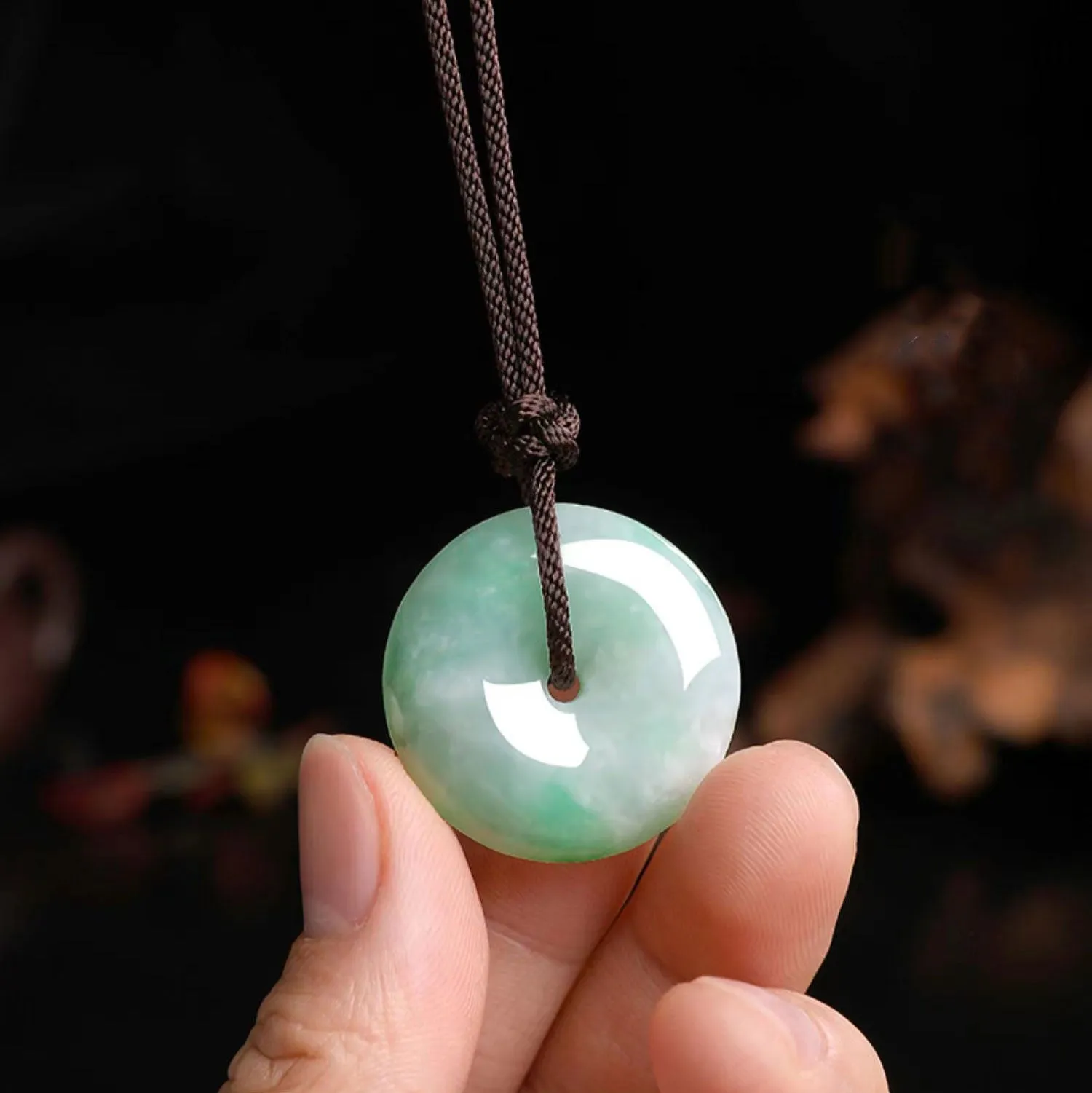 Moss in Snow Natural Ice Jadeite Jade Chinese「Ping An Kou」Pendant Necklace for Women and Men