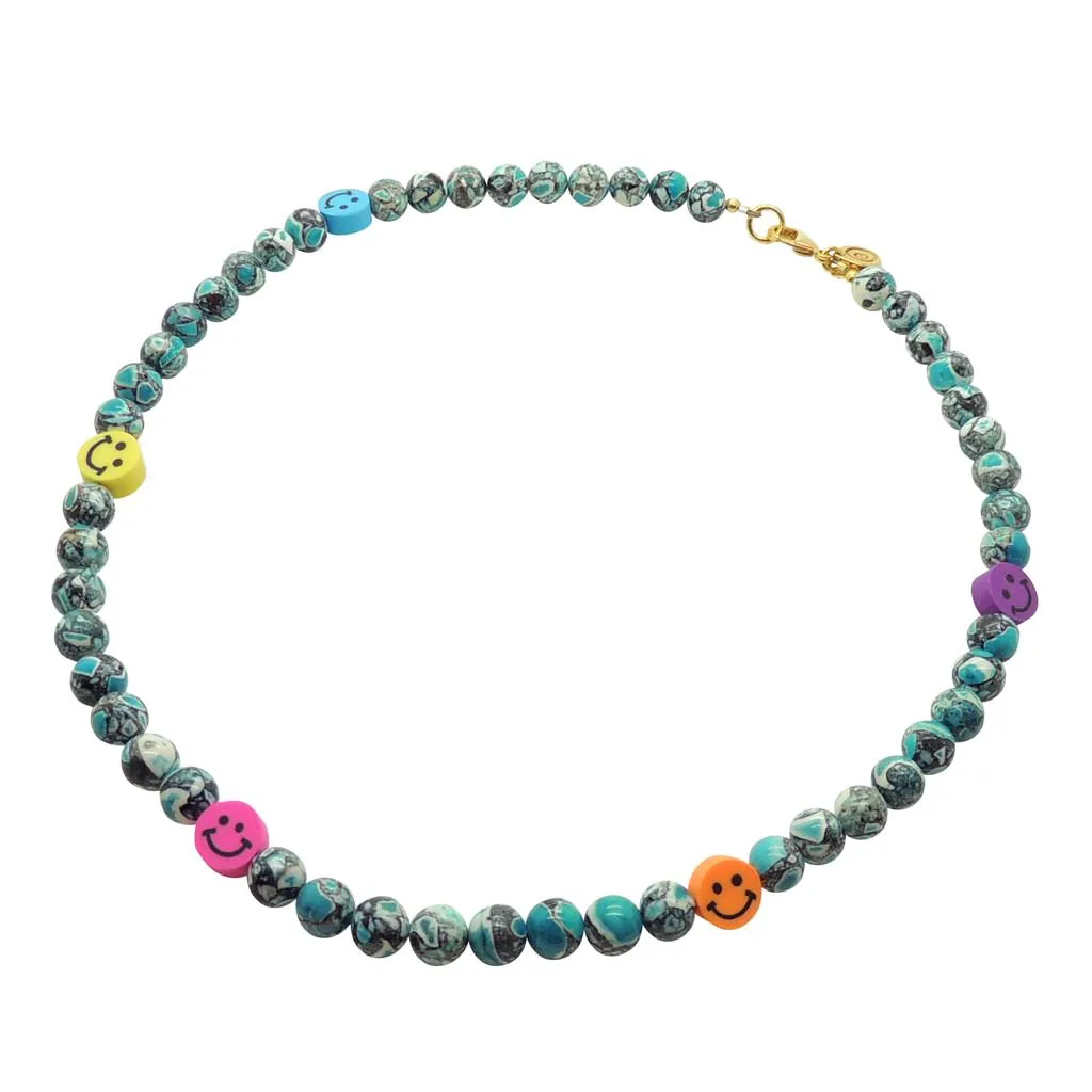 Multicolour Smiley Charm Tie Dye Gemstone Bead Necklace