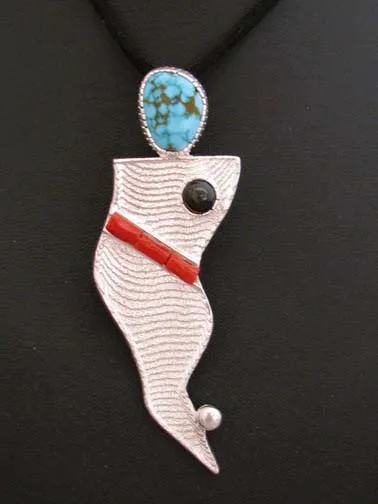 Native American Style Acoma Made Sterling Silver Pendant with Turquoise