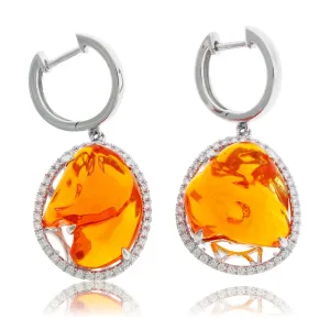 Natural Fire Opal & Diamond Halo Dangle Earrings