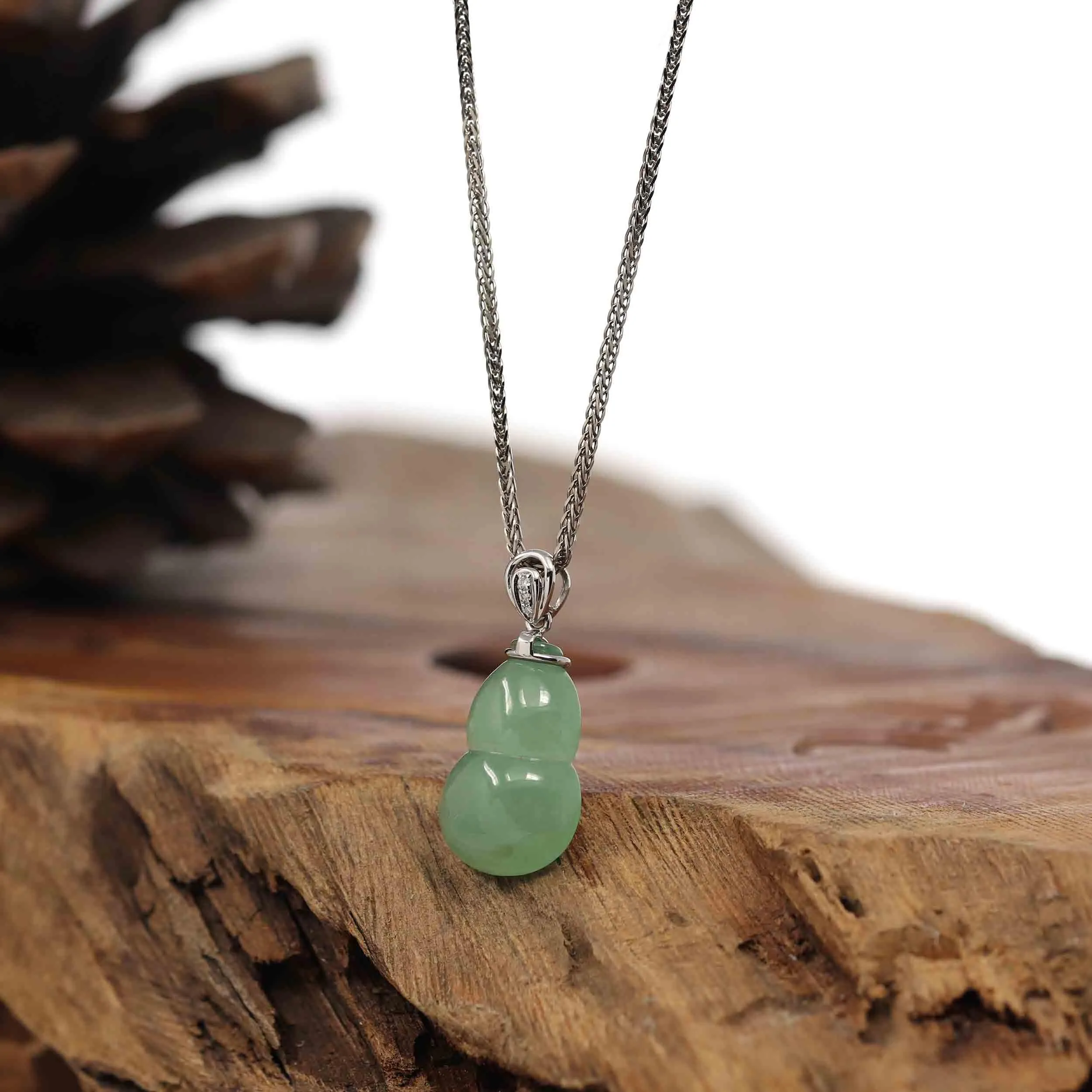 Natural Green Jadeite Jade "Magic Bottle Gourd" Hulu Necklace With 14k White Gold Diamond Bail