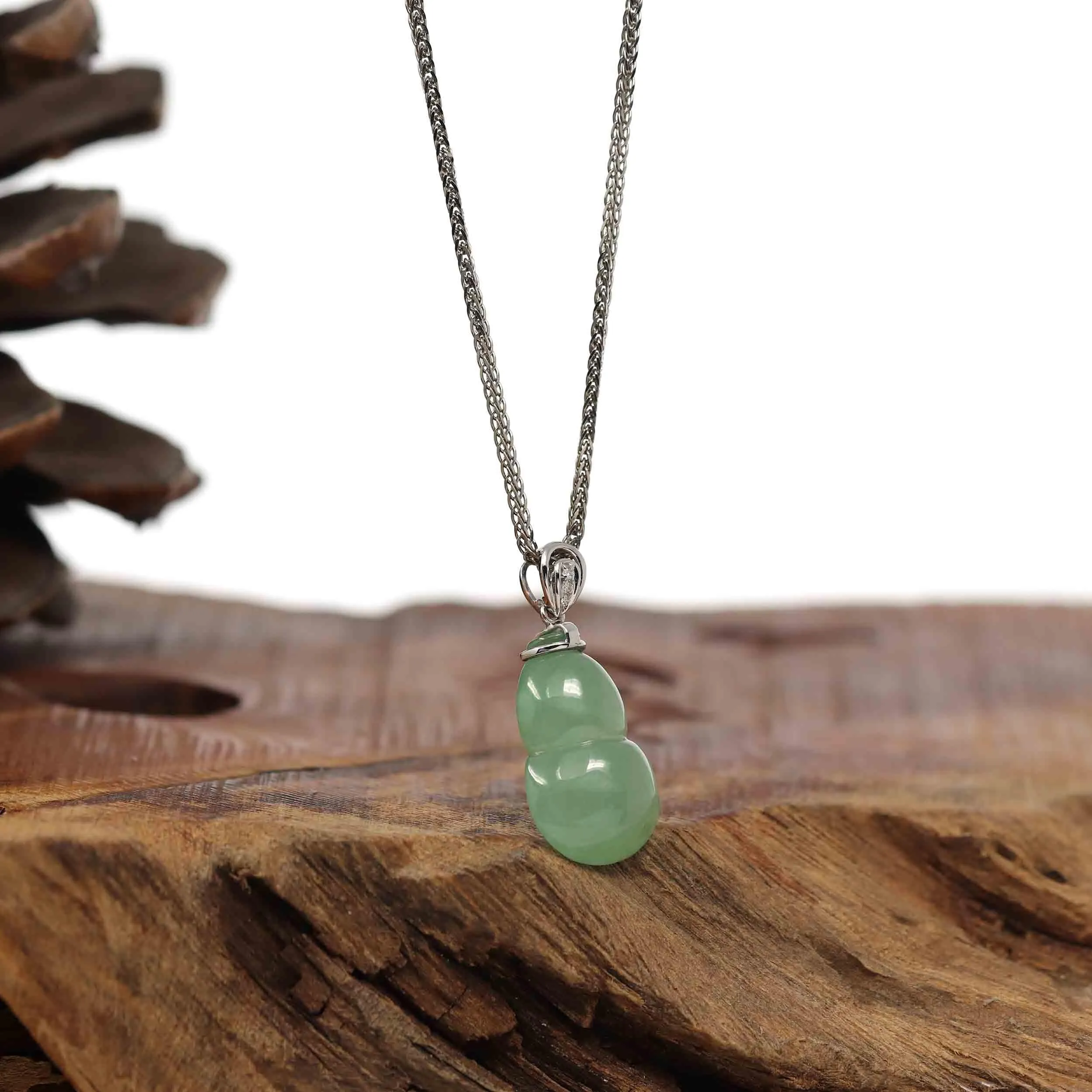 Natural Green Jadeite Jade "Magic Bottle Gourd" Hulu Necklace With 14k White Gold Diamond Bail